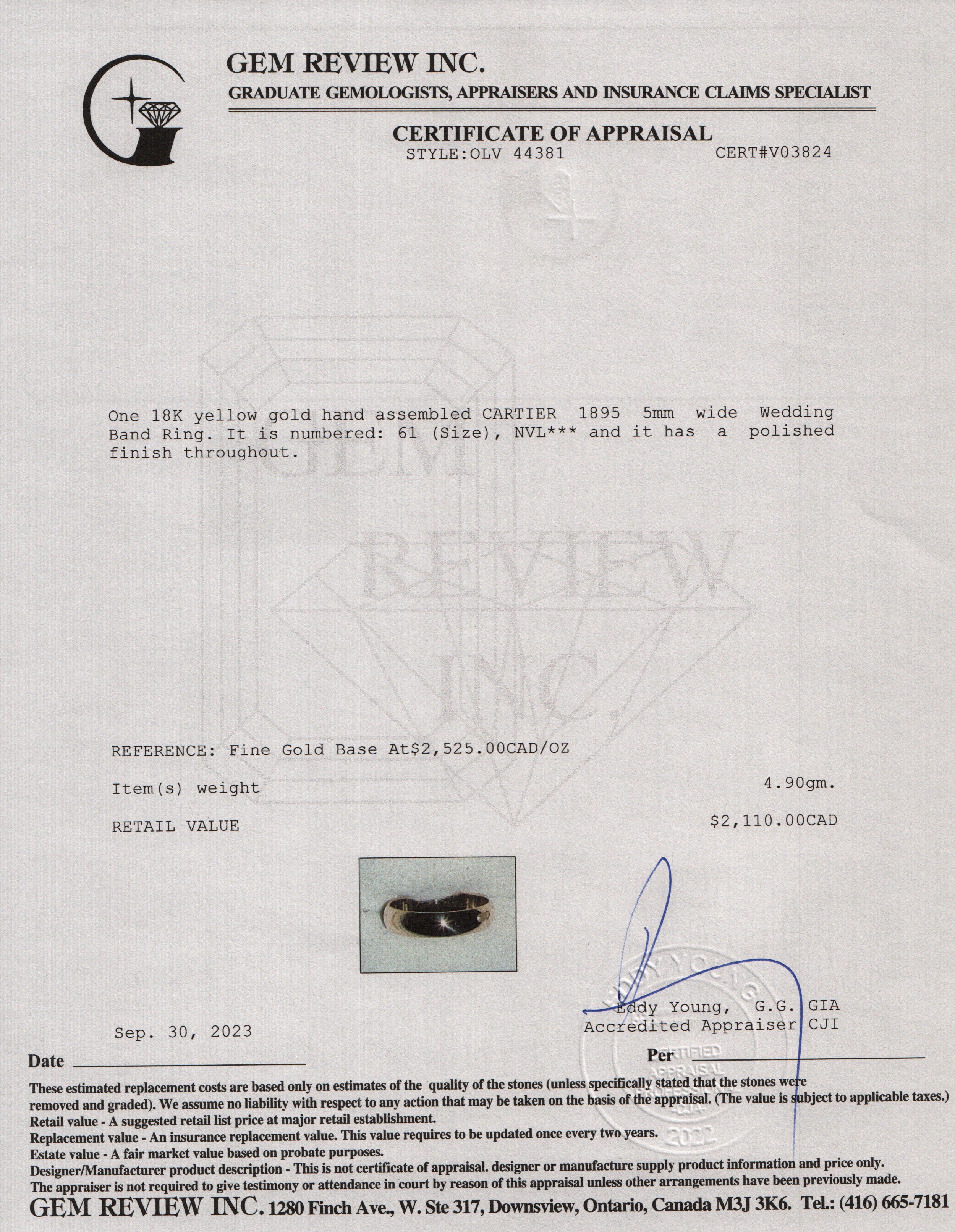 Cartier 18k Yellow Gold 5MM 1895 Wedding Band Ring, Size 61 9.5 w/ Box, Certificate & Receipt