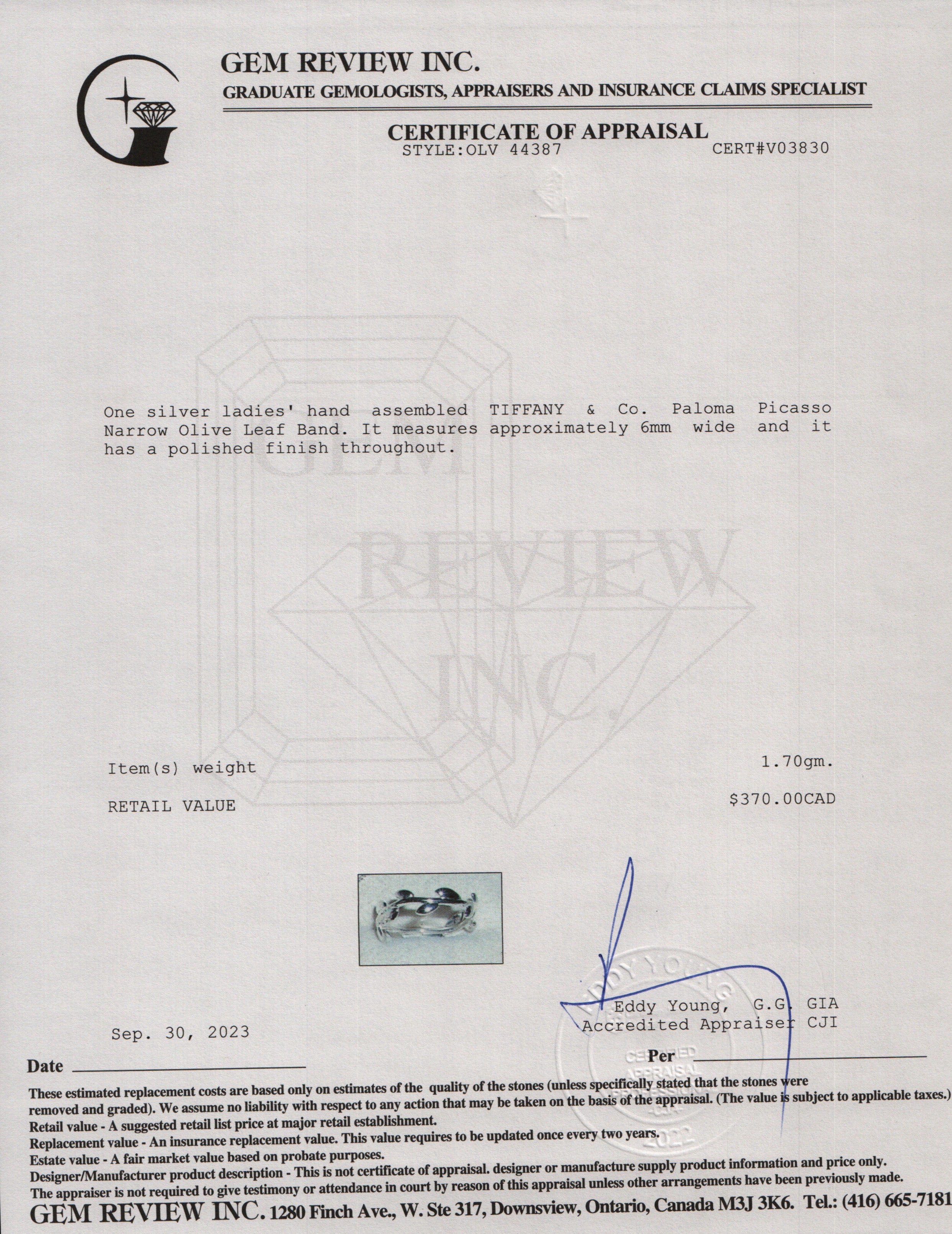 Tiffany & Co. Paloma Picasso Sterling Silver Narrow Olive Leaf Band Ring, Size 6.25