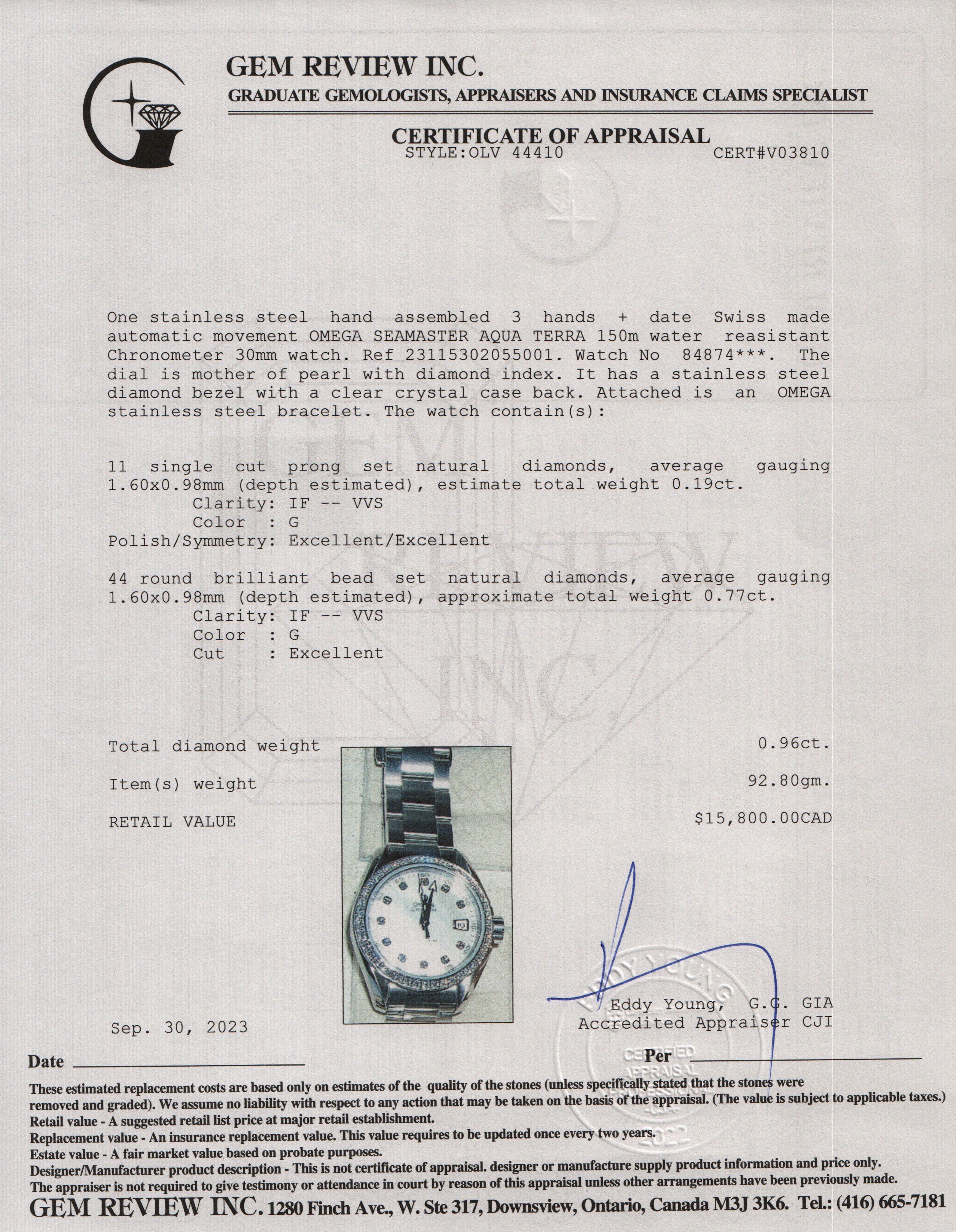 Omega Stainless Steel Seamaster Aqua Terra 150M Chronometer Diamond Bezel 30MM Automatic Watch w/ Box & Papers