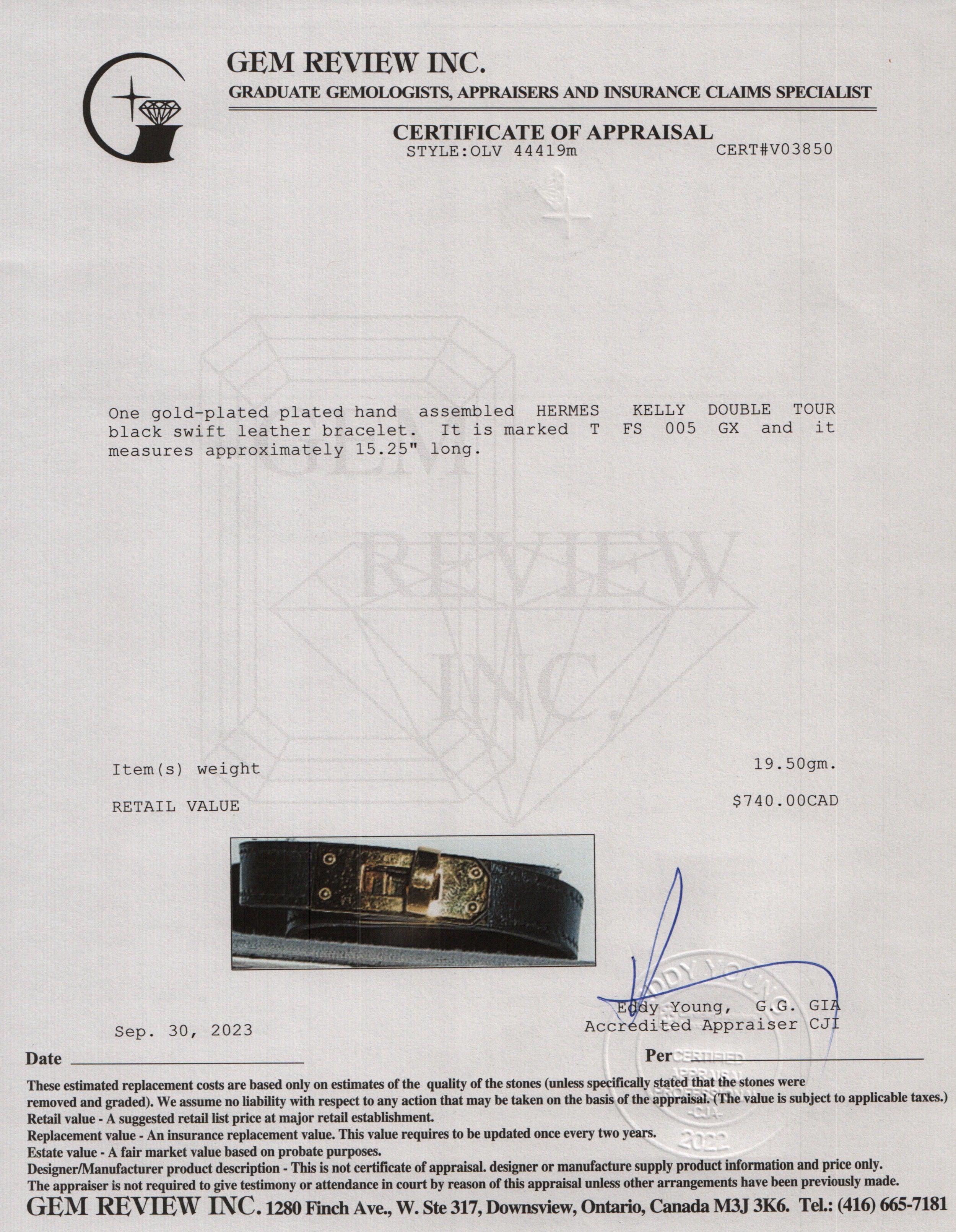 Hermes Gold Plated Black Calfskin Kelly Double Tour Bracelet w/ Box, Size M