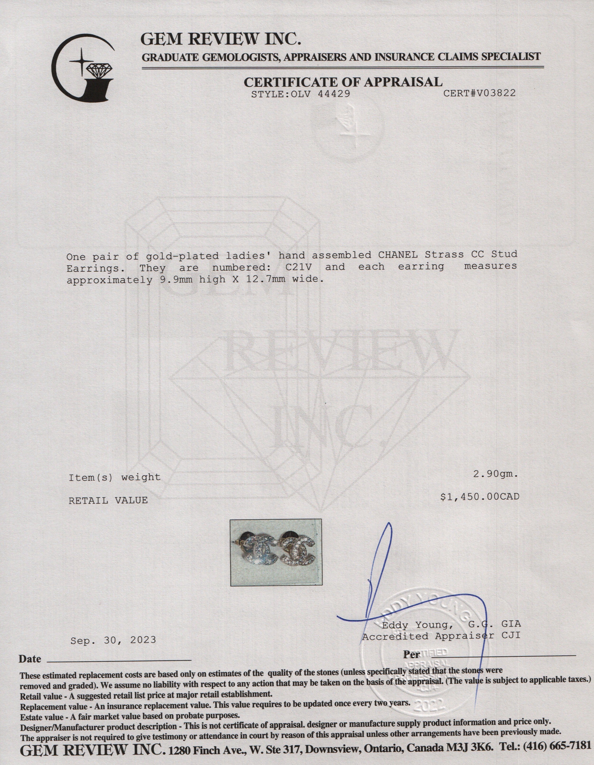 Chanel 2021 Gold Plated Strass CC Stud Earrings w/ Box & Receipt