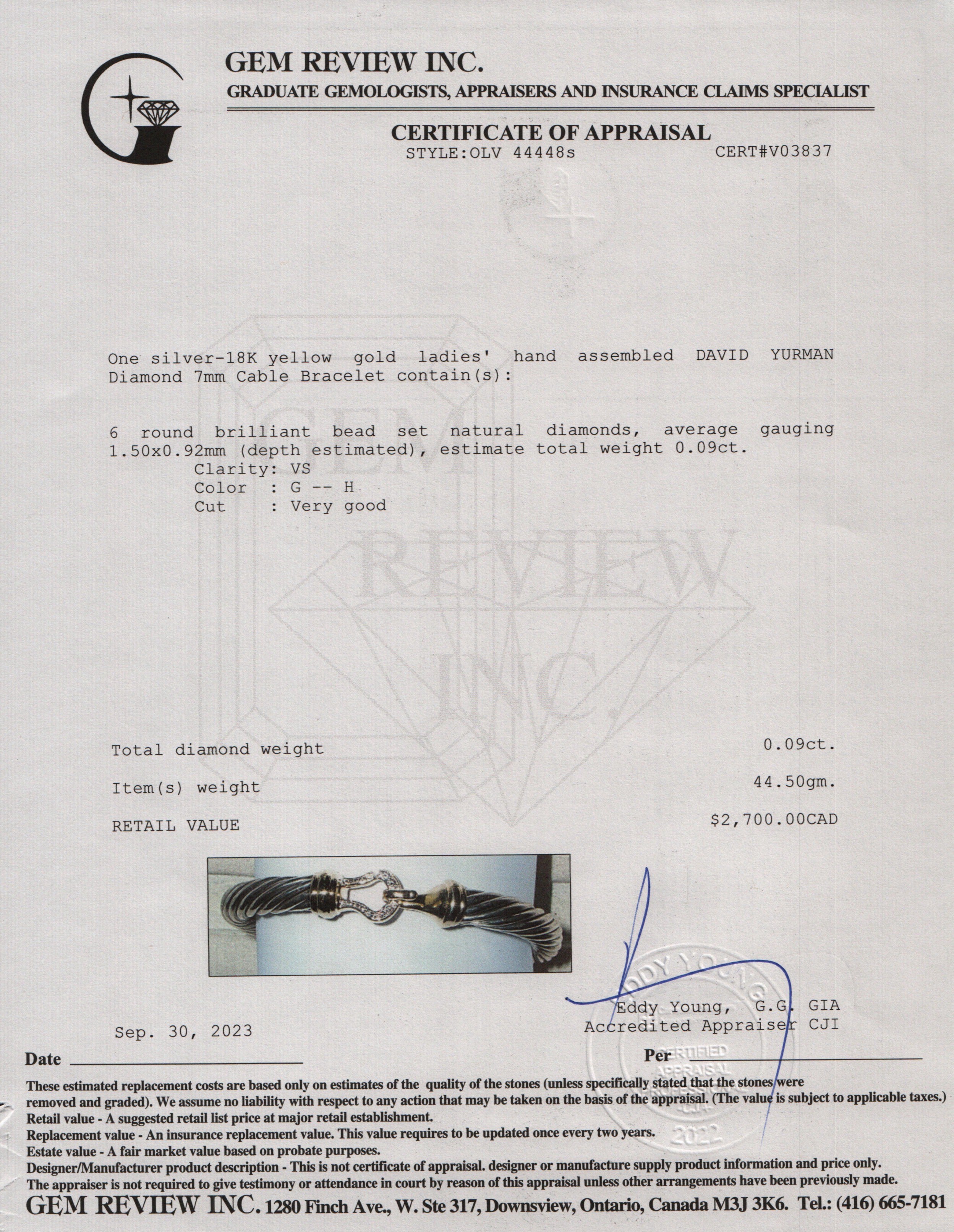 David Yurman Sterling Silver & 18k Yellow Gold Diamond 7MM Cable Buckle Bracelet