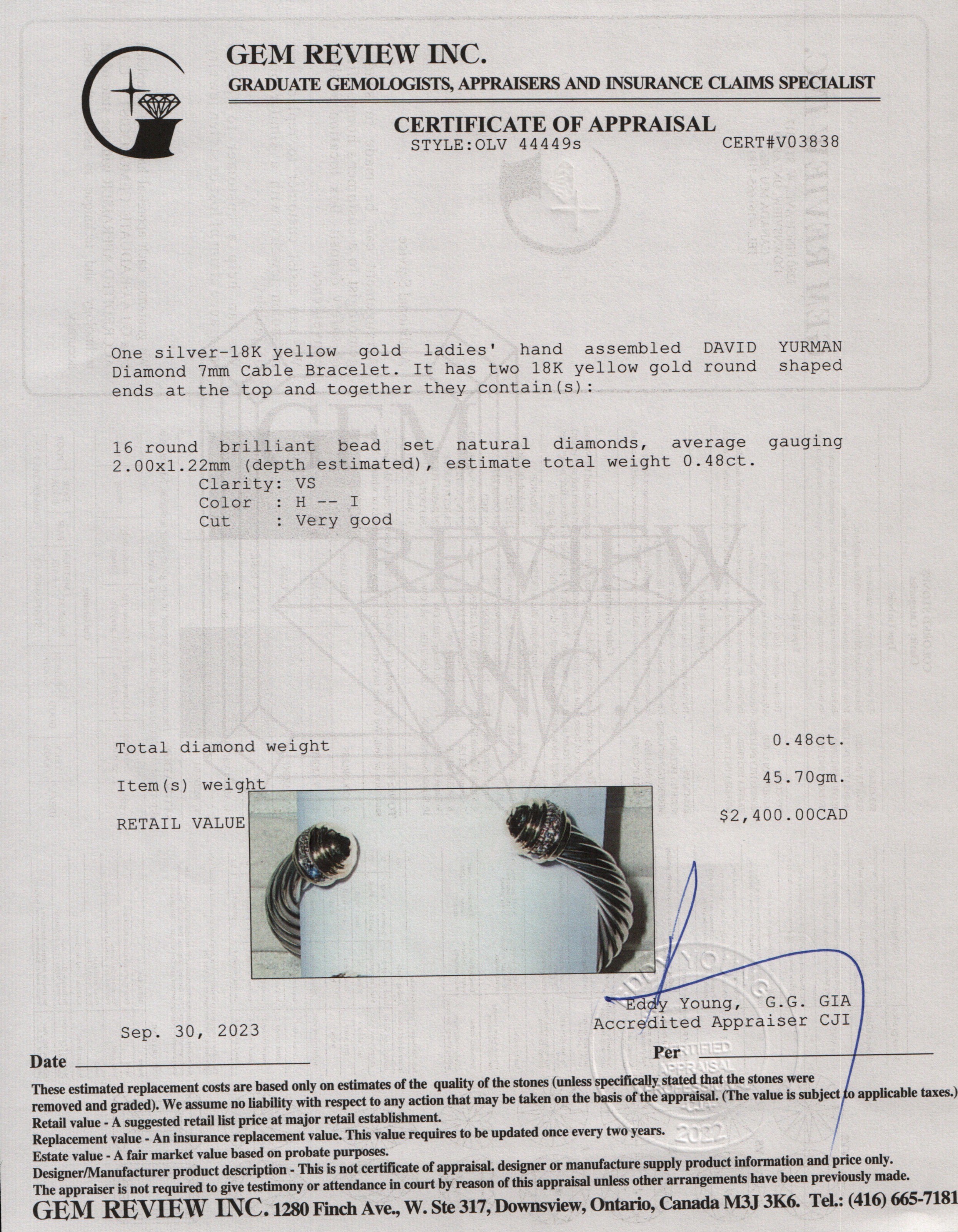 David Yurman Sterling Silver & 18k Yellow Gold Diamond 7MM Cable Bracelet