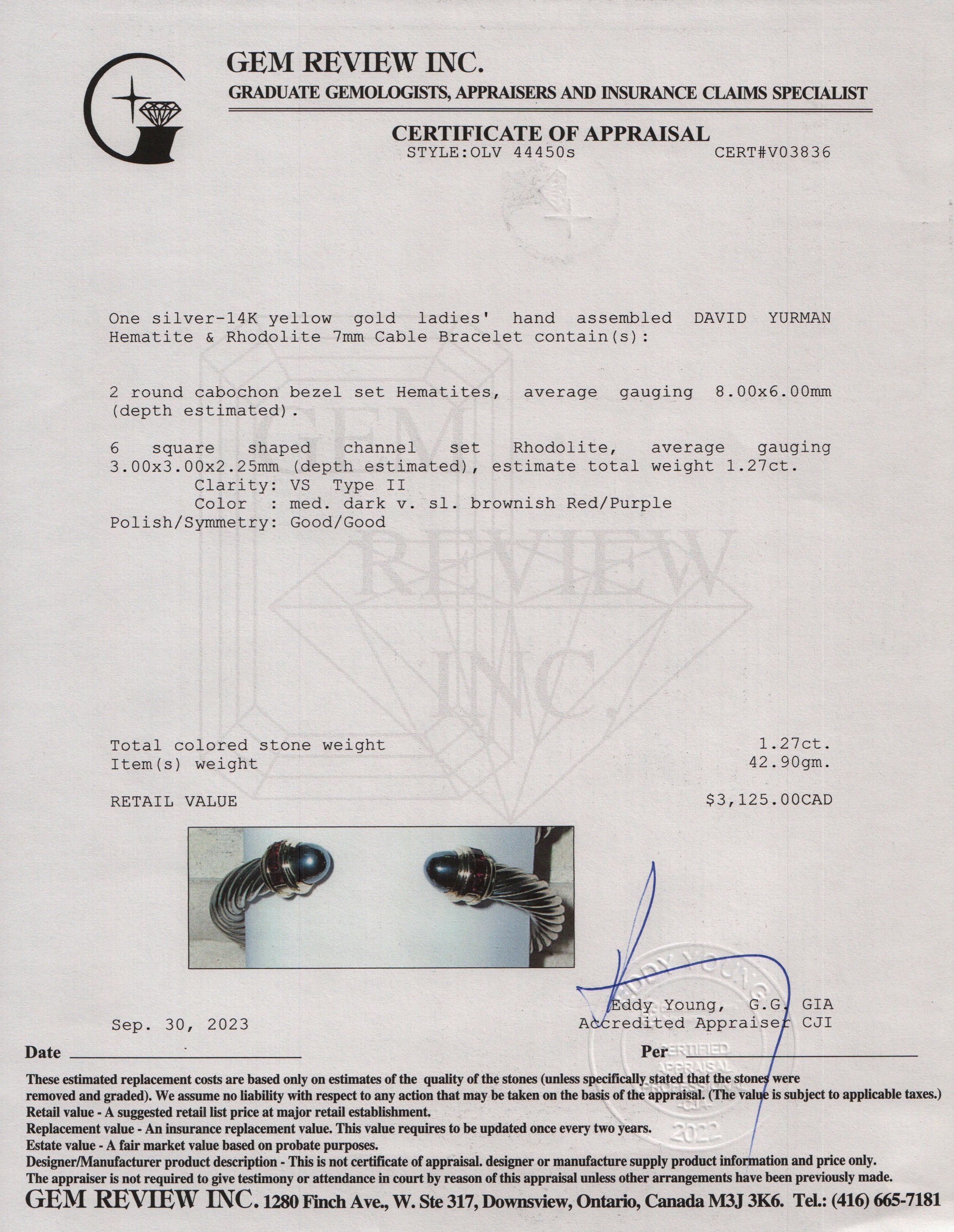 David Yurman Sterling Silver & 14k Yellow Gold Hematite & Rhodolite 7MM Cable Bracelet