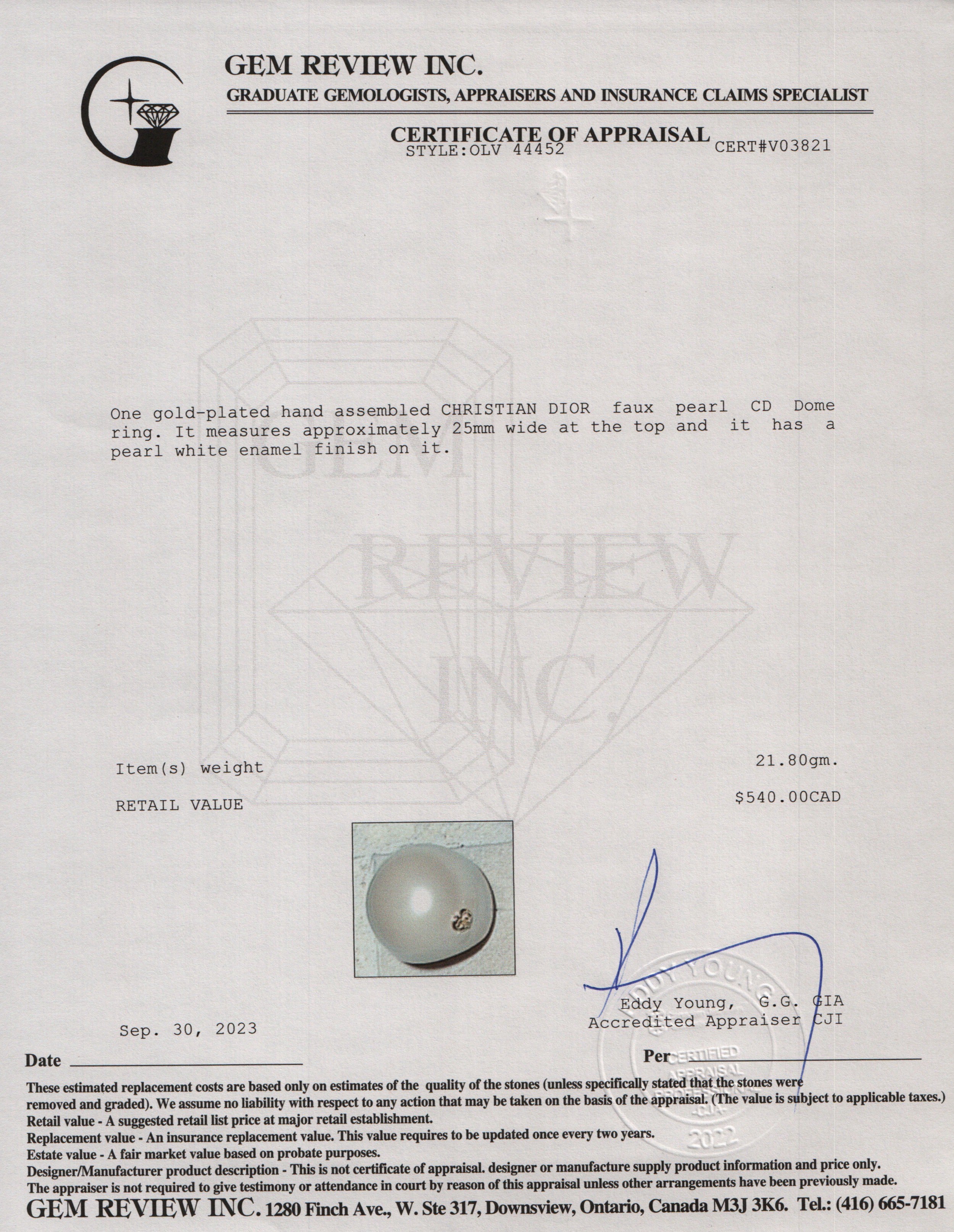 Christian Dior Gold Tone Metal Faux Pearl CD Dome Ring, L Size 6.5 w/ Box