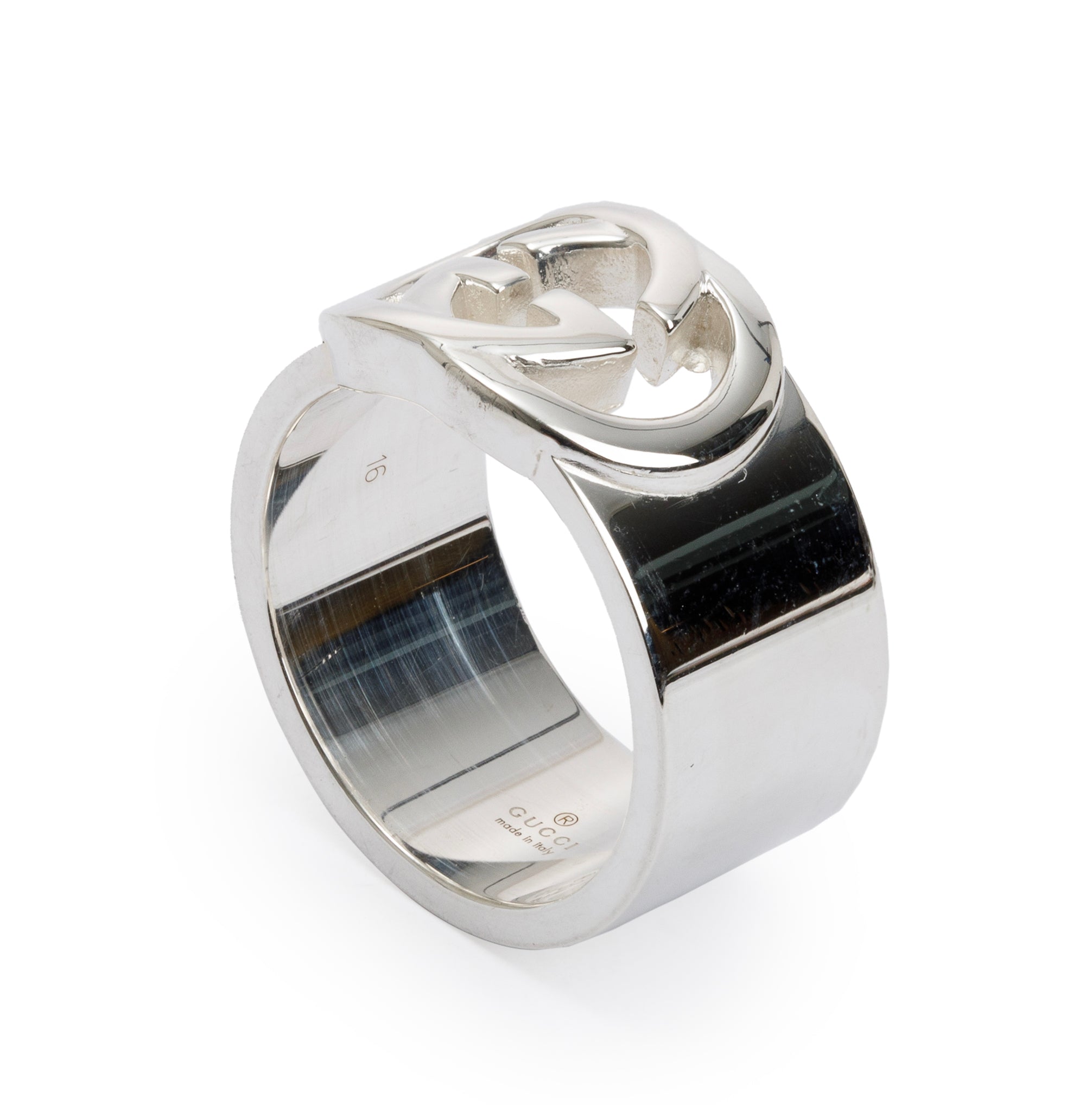 Gucci Sterling Silver Interlocking G Wide Ring, Size 7.5 w/ Box