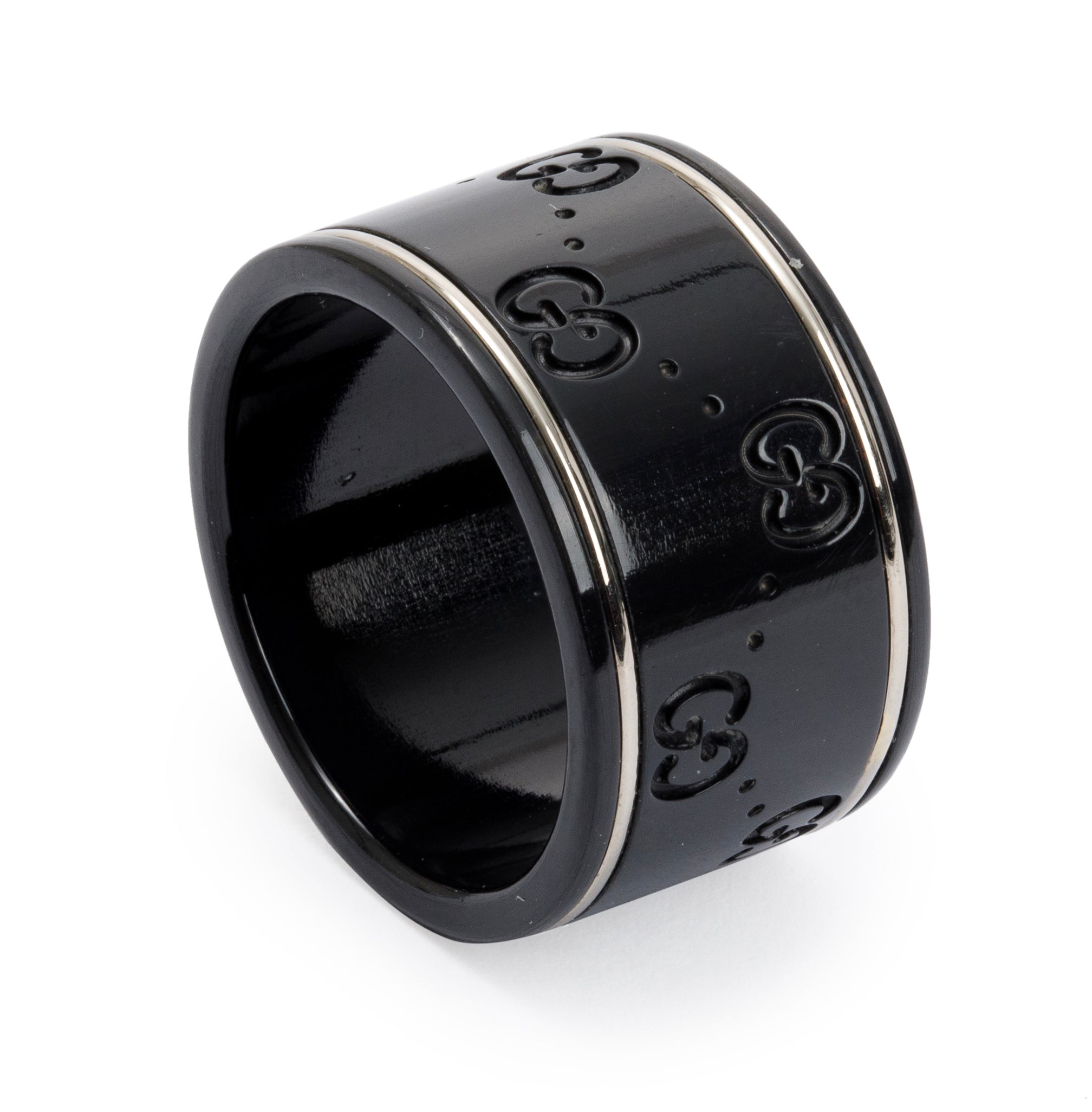 Gucci 18k White Gold & Black Ceramic Wide Icon Band Ring, Size 7.5 w/ Box