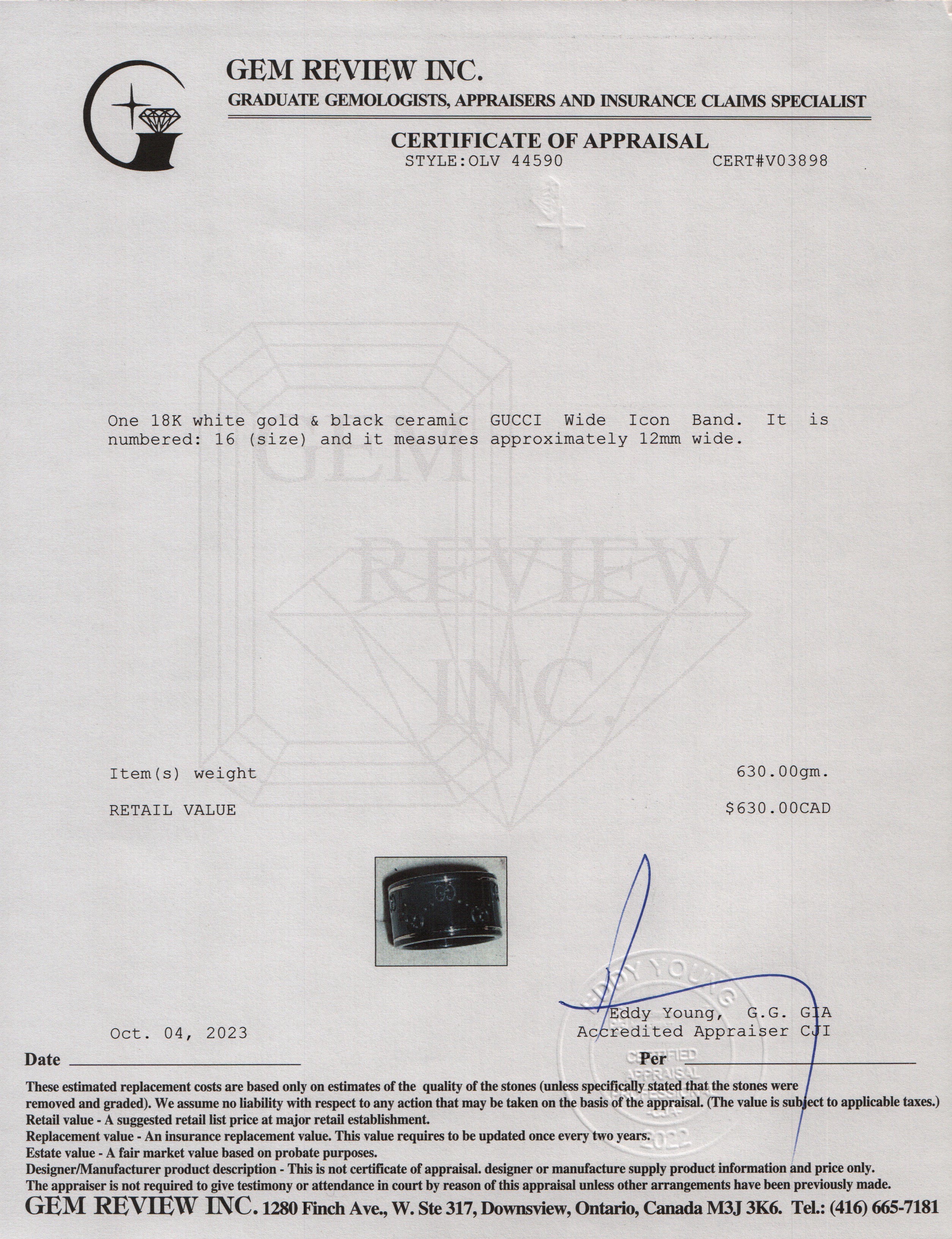 Gucci 18k White Gold & Black Ceramic Wide Icon Band Ring, Size 7.5 w/ Box