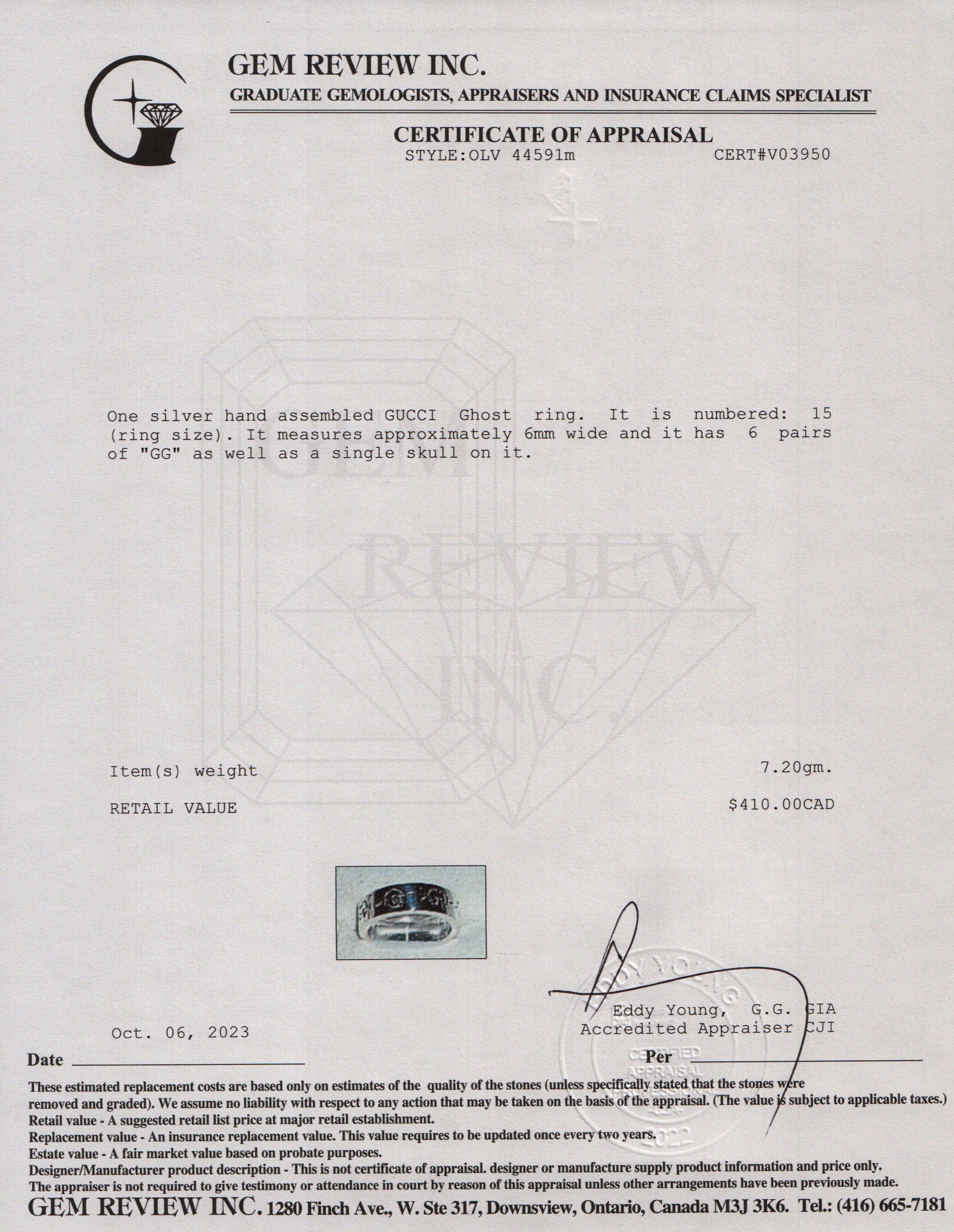 Gucci Sterling Silver Ghost Ring, Size 7 w/ Box