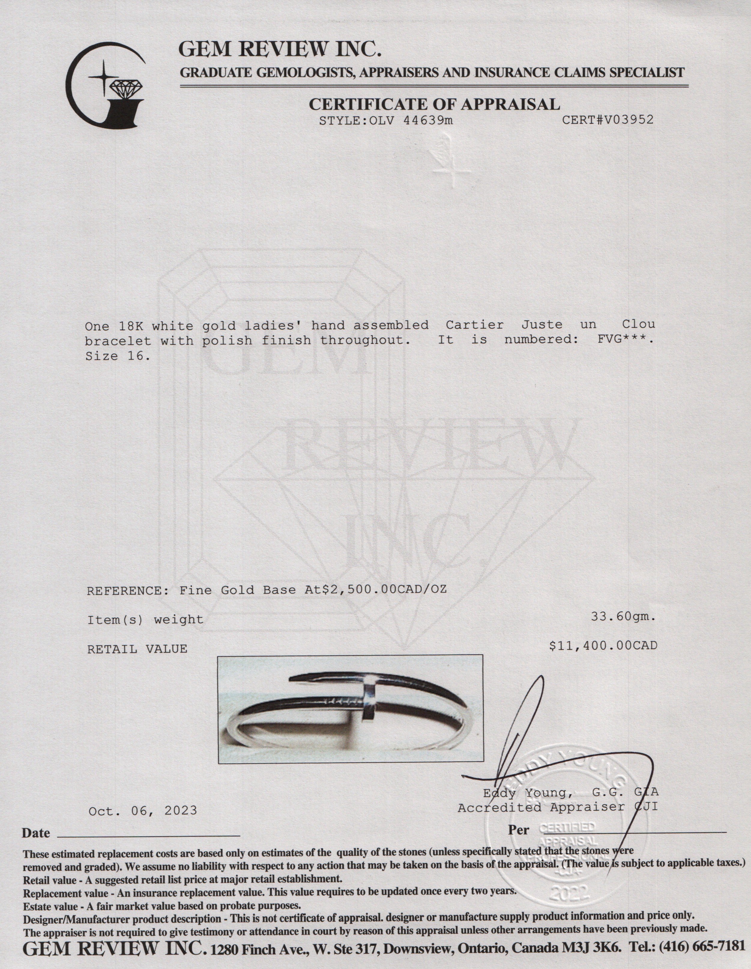 Cartier 18k White Gold Juste Un Clou Bracelet, Size 16 w/ Box & Certificate