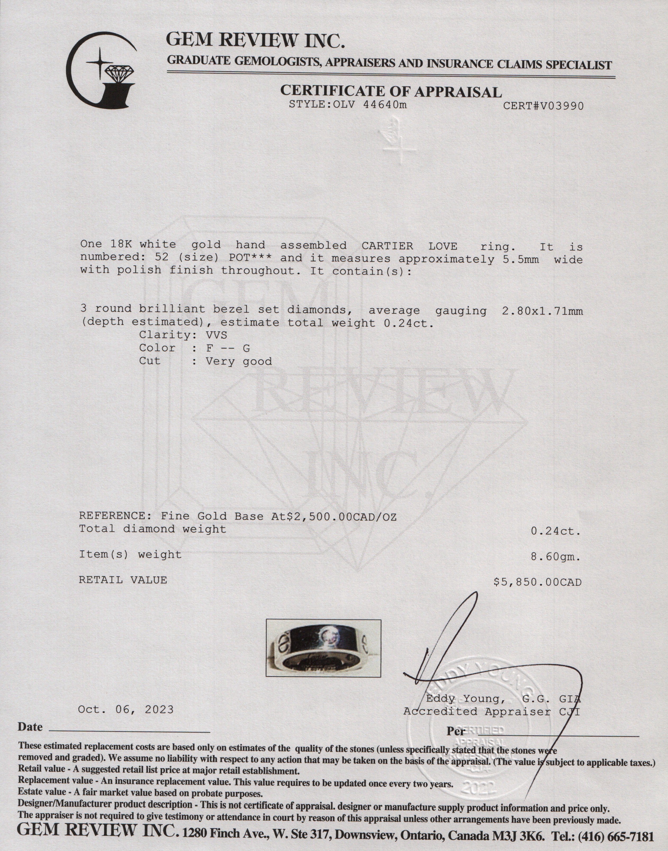 Cartier 18k White Gold 3 Diamond 5.5 MM Love Ring, Size 52 6.25 w/ Box, Receipt & Certificate