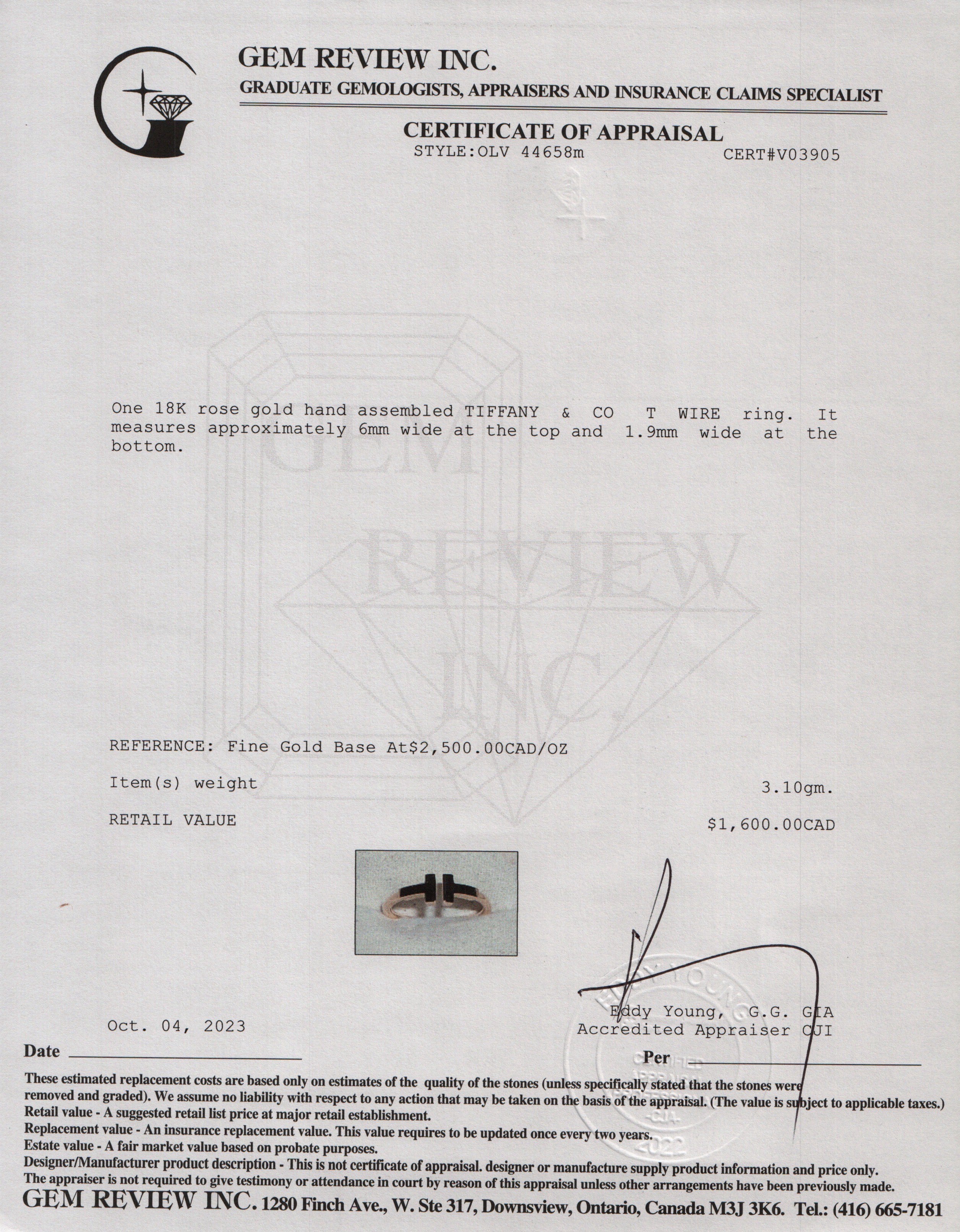 Tiffany & Co. 18k Rose Gold T Wire Ring, Size 7