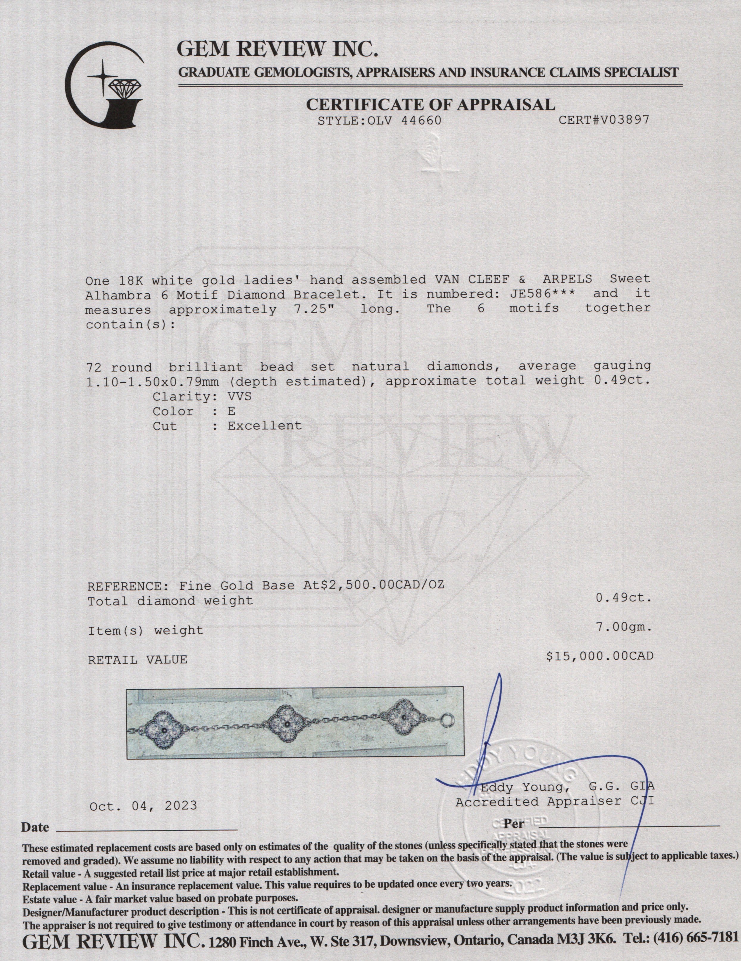 Van Cleef & Arpels 18k White Gold Sweet Alhambra 6 Motif Diamond Bracelet