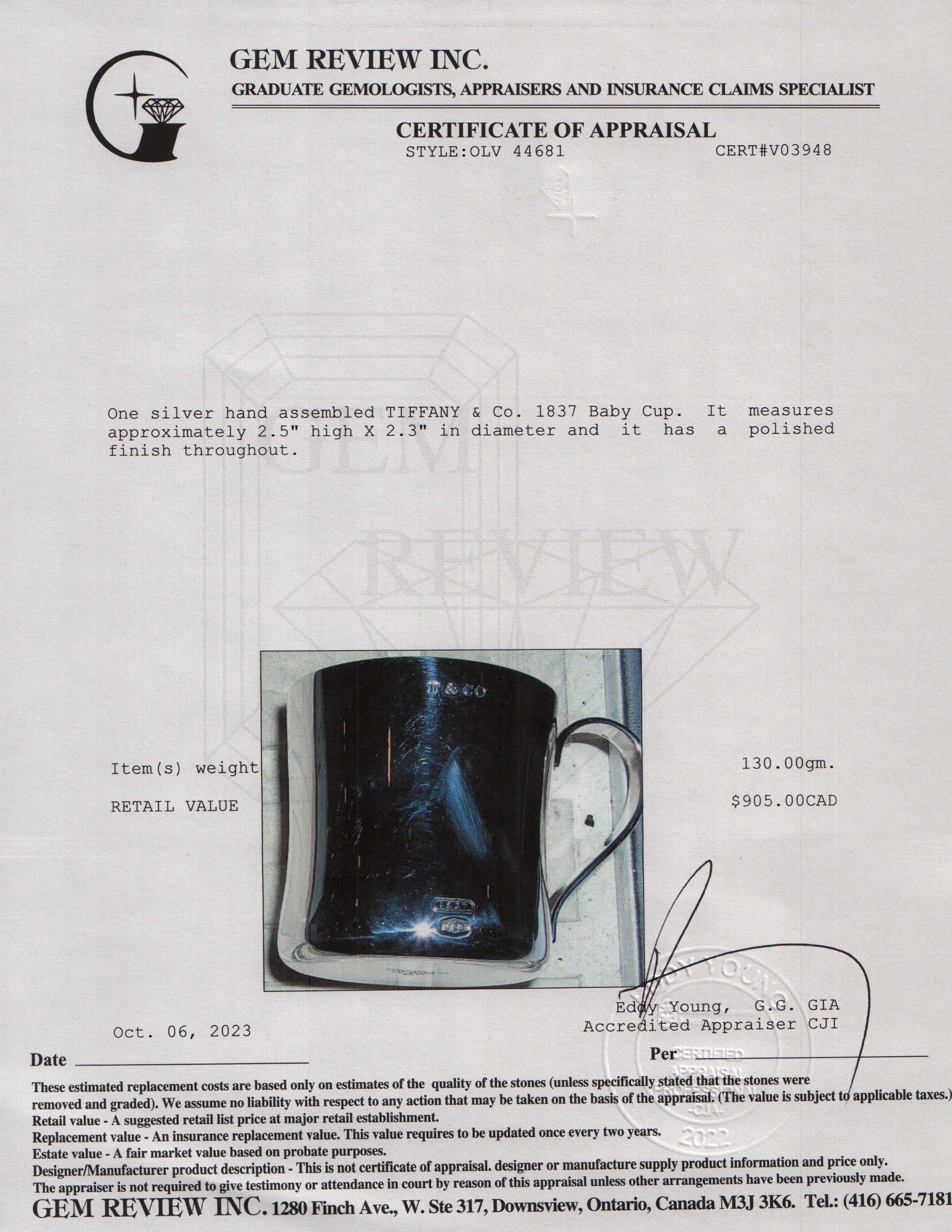 Tiffany & Co. Sterling Silver 1837 Baby Cup