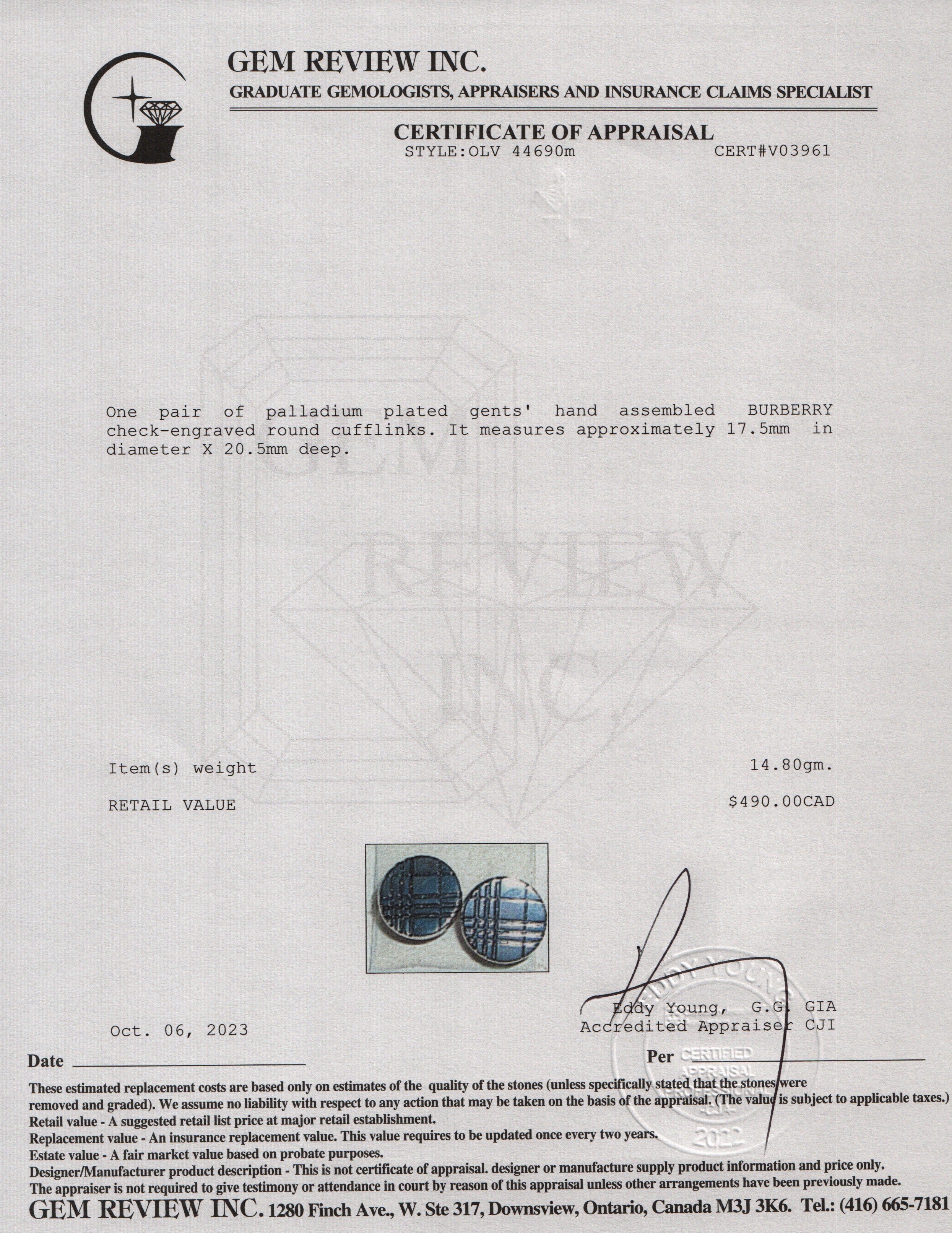 Burberry Palladium Plated Check-Engraved Round Cufflinks w/ Box