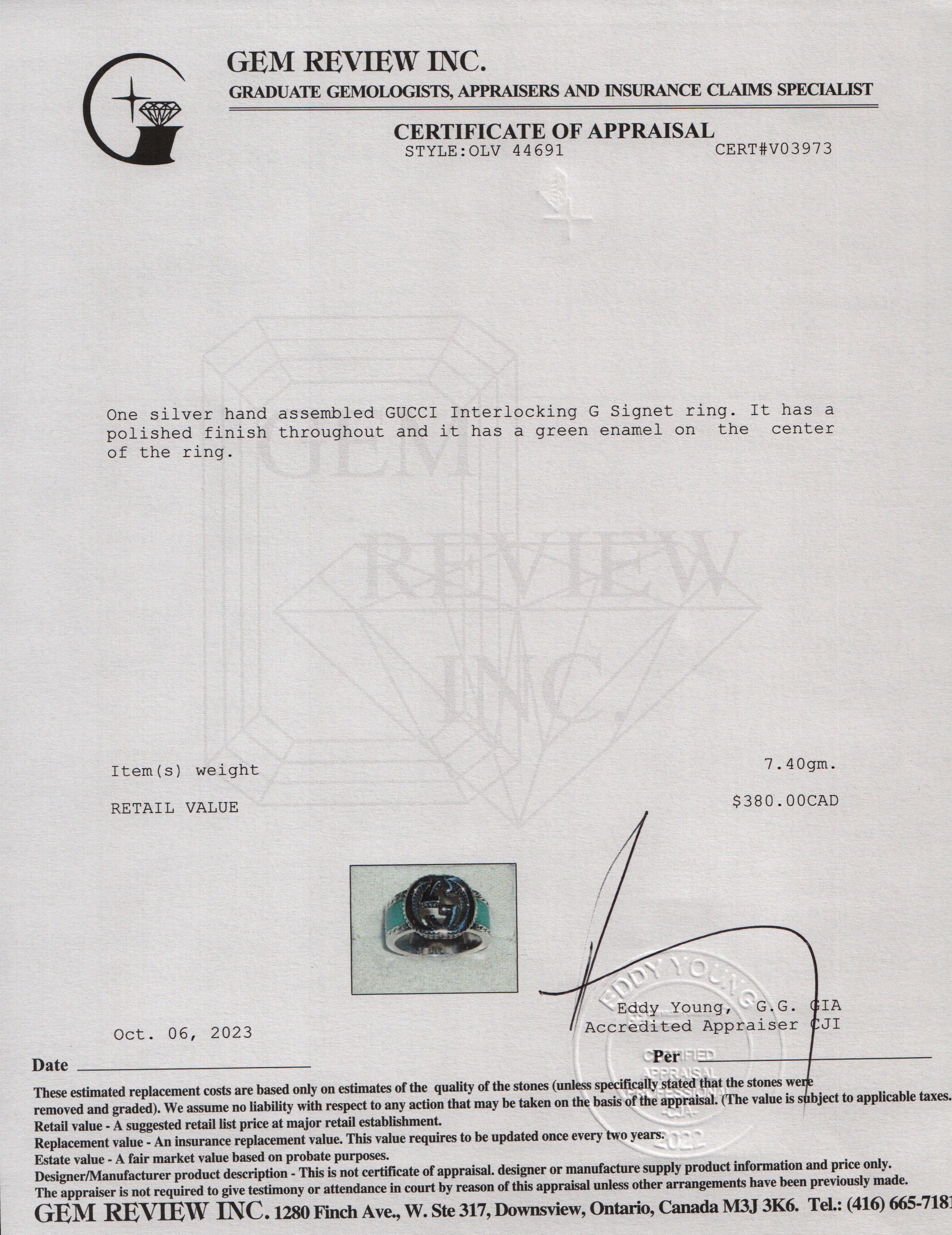 Gucci Sterling Silver & Green Enamel Interlocking G Signet Ring, Size 13 6