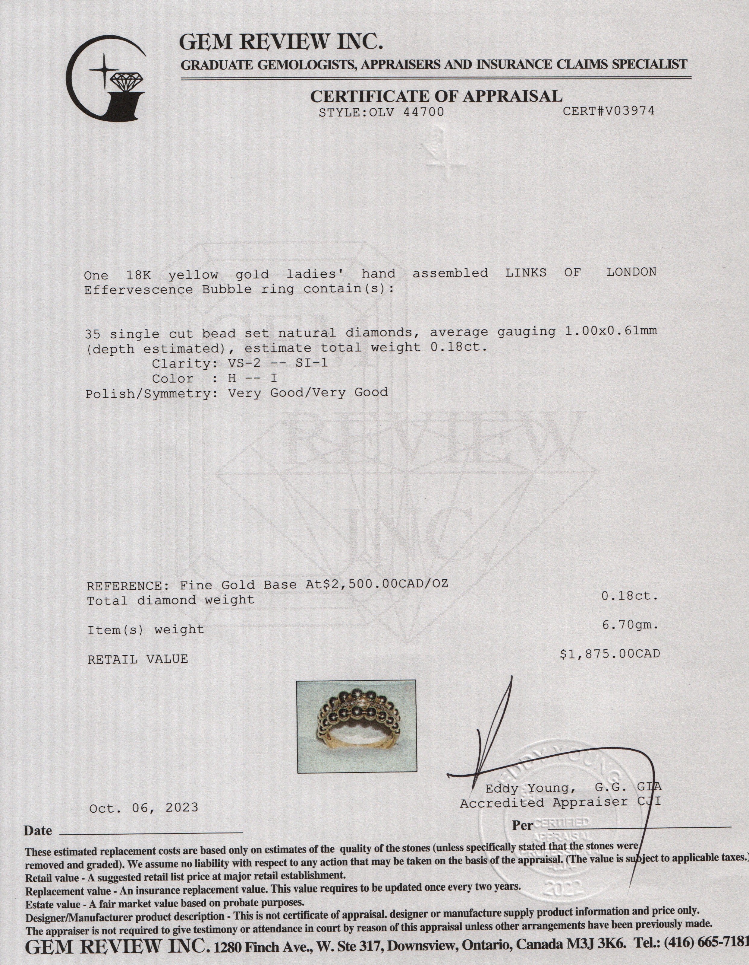 Links of London 18k Yellow Gold Effervescence Diamond Bubble Ring, Size 7