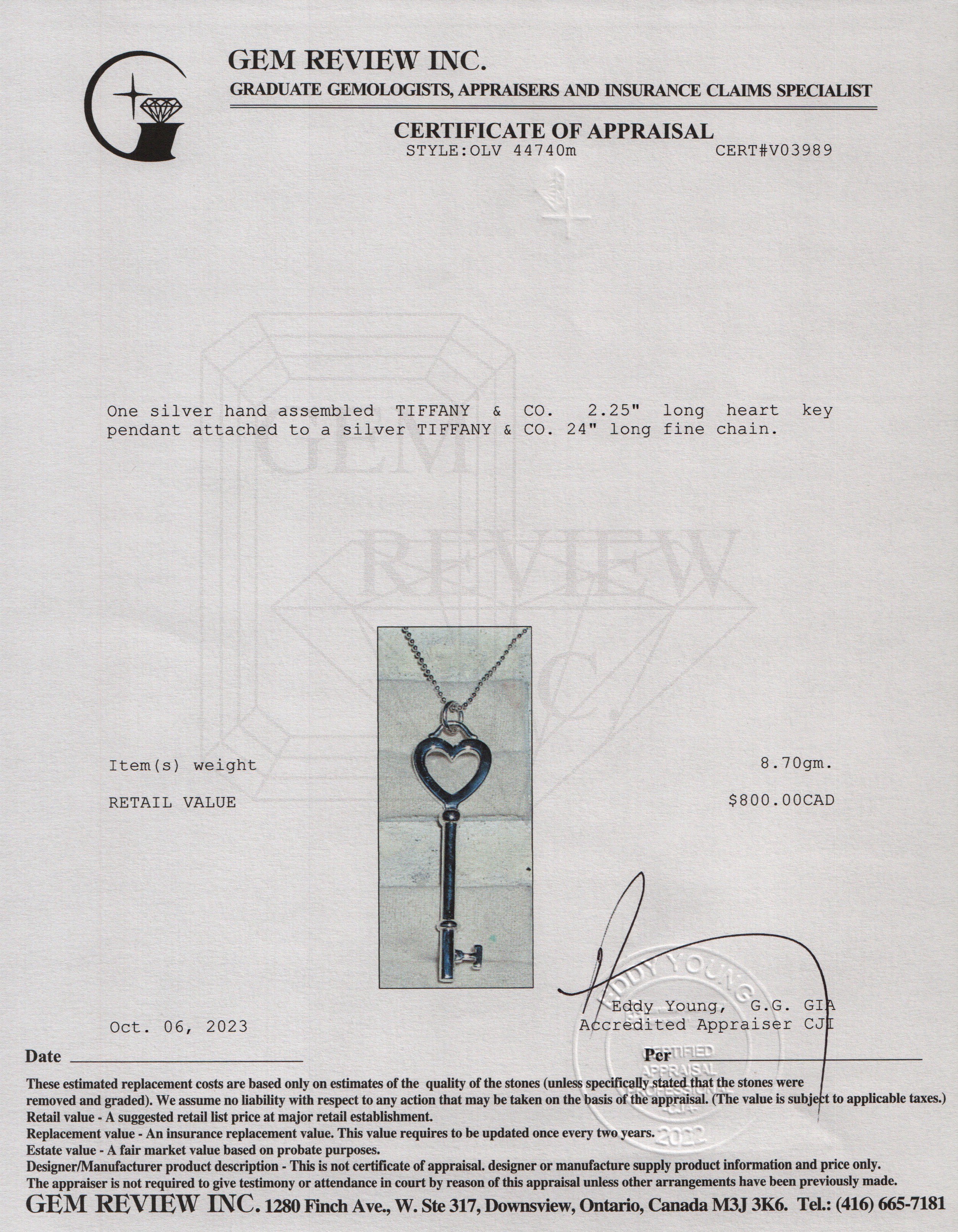 Tiffany & Co. Sterling Silver Large Heart Key Pendant Necklace
