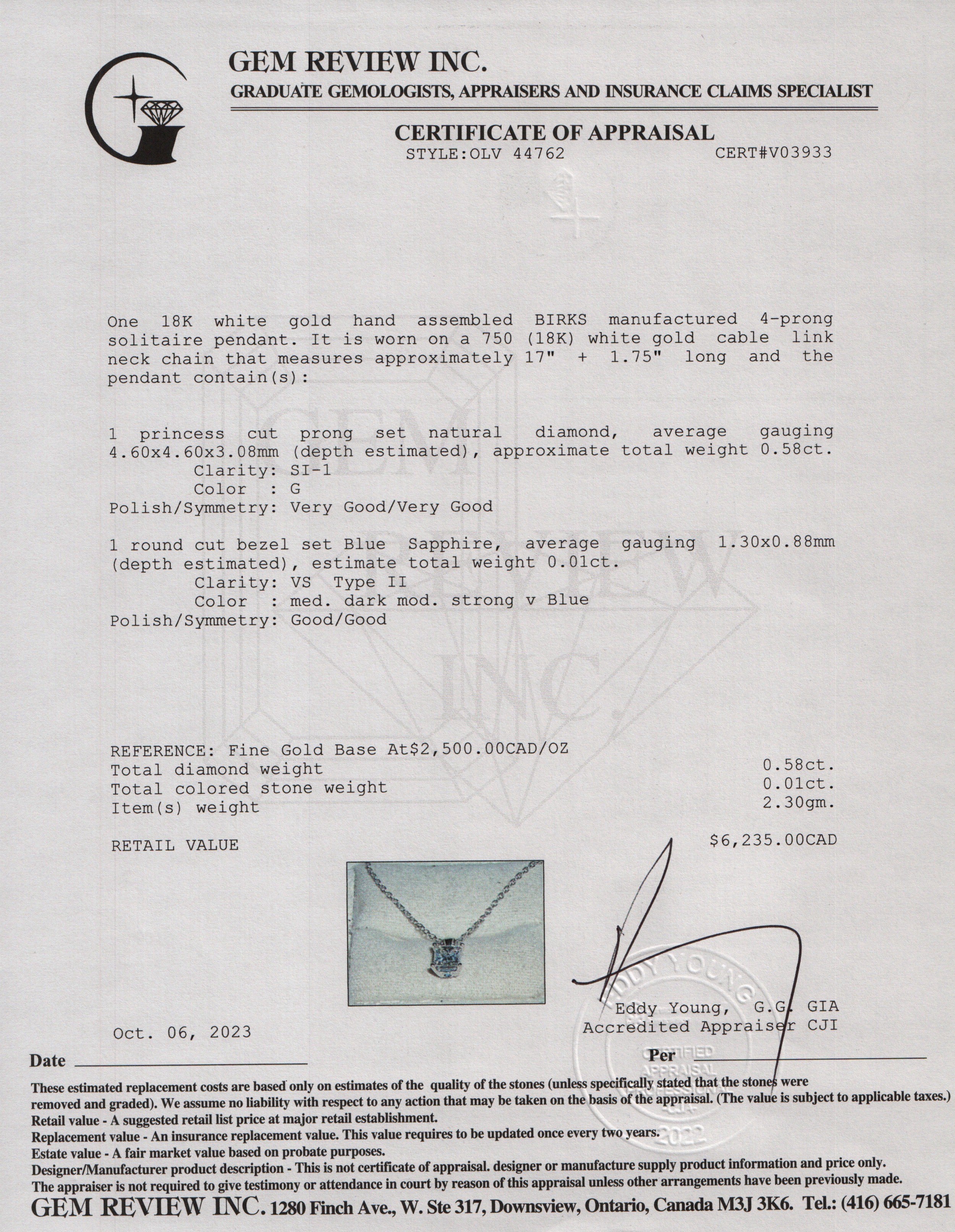 Birks 18k White Gold 0.58 ct. Princess Cut Diamond Pendant Necklace