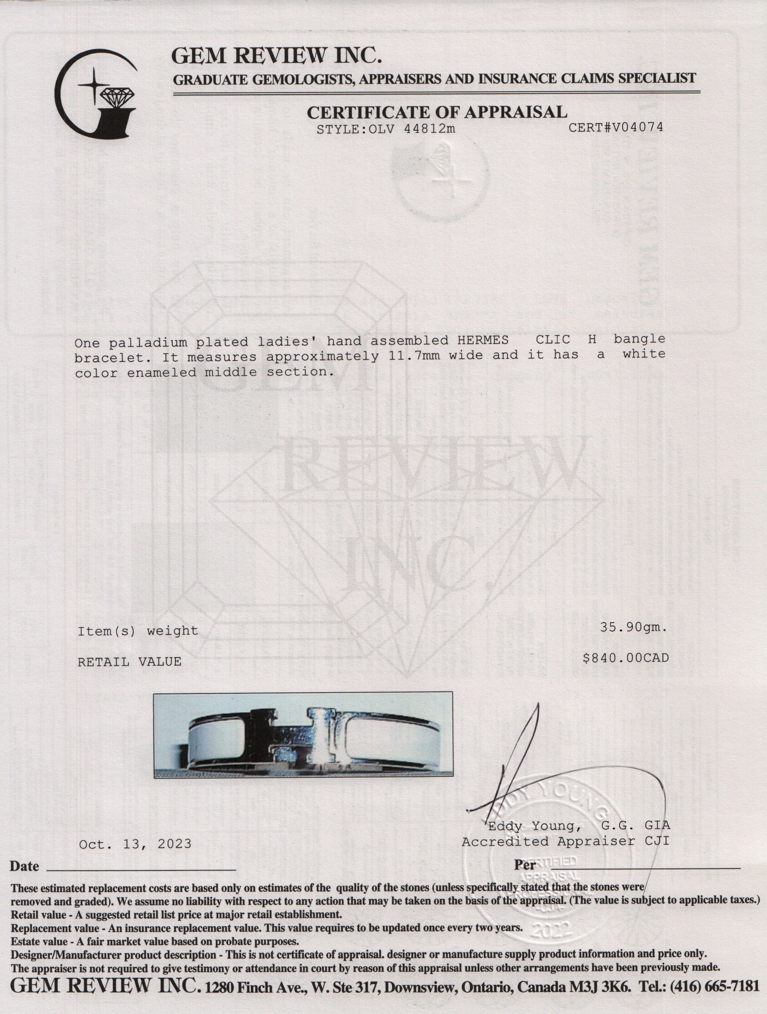 Hermes Palladium Plated White Enamel 12 MM Clic H Bracelet w/ Box