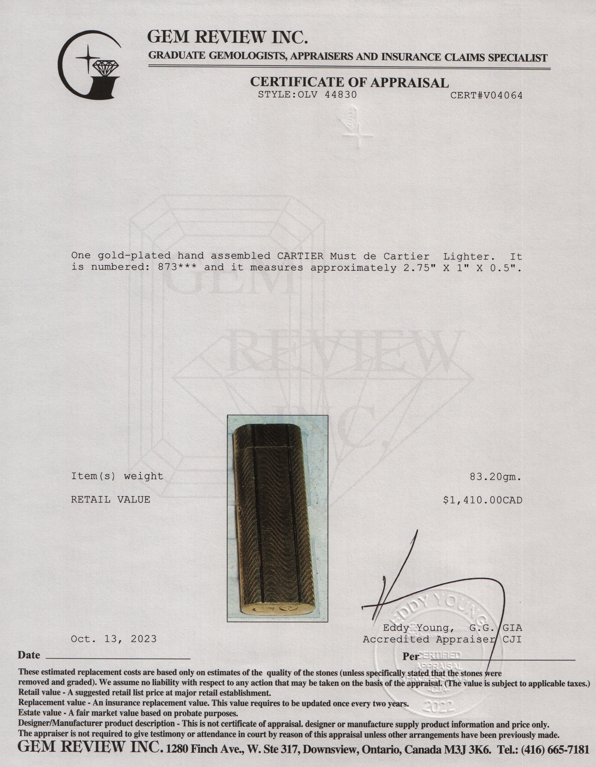 Cartier Gold-Plated Must de Cartier Lighter w/ Box