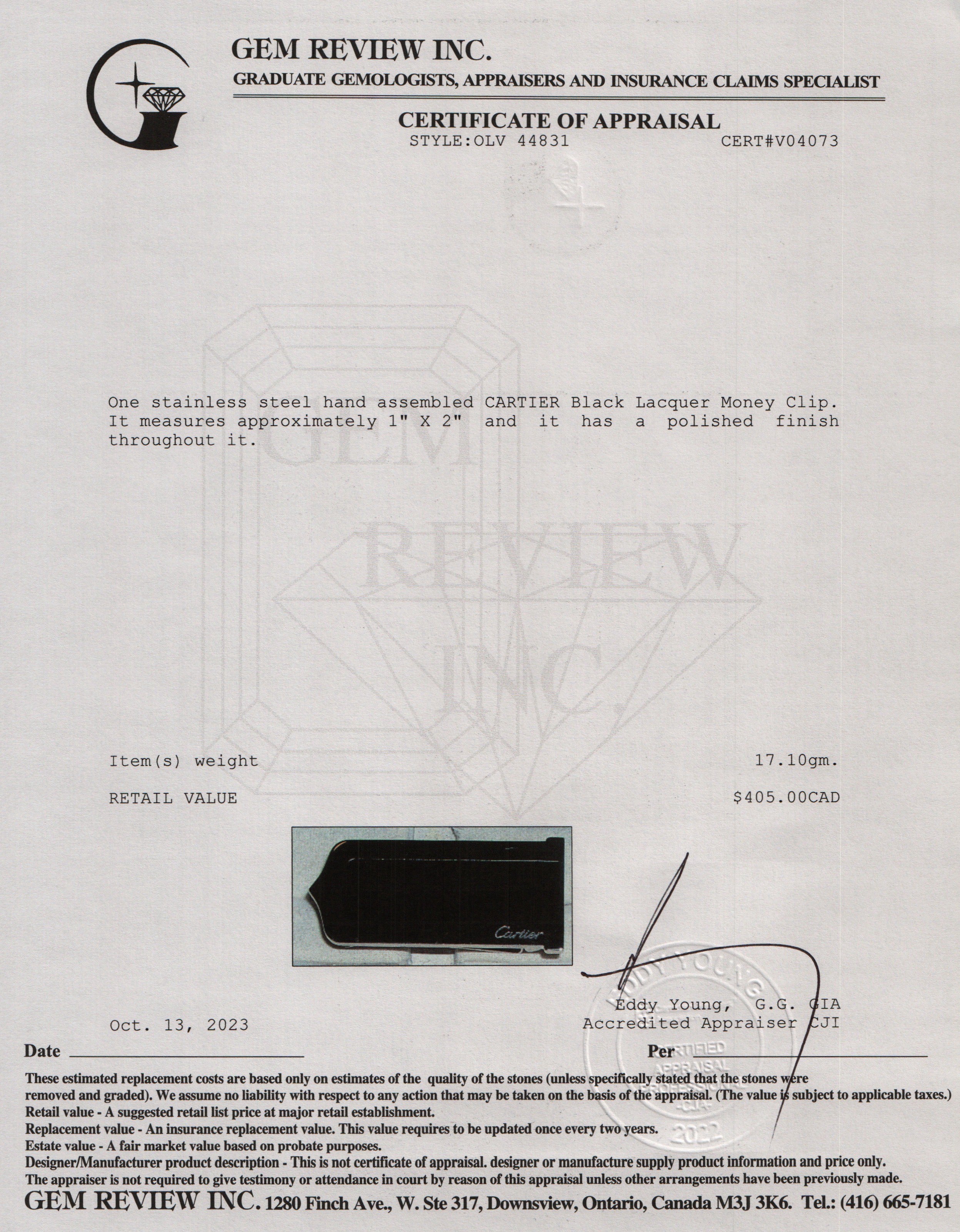 Cartier Stainless Steel Black Lacquer Money Clip w/ Box