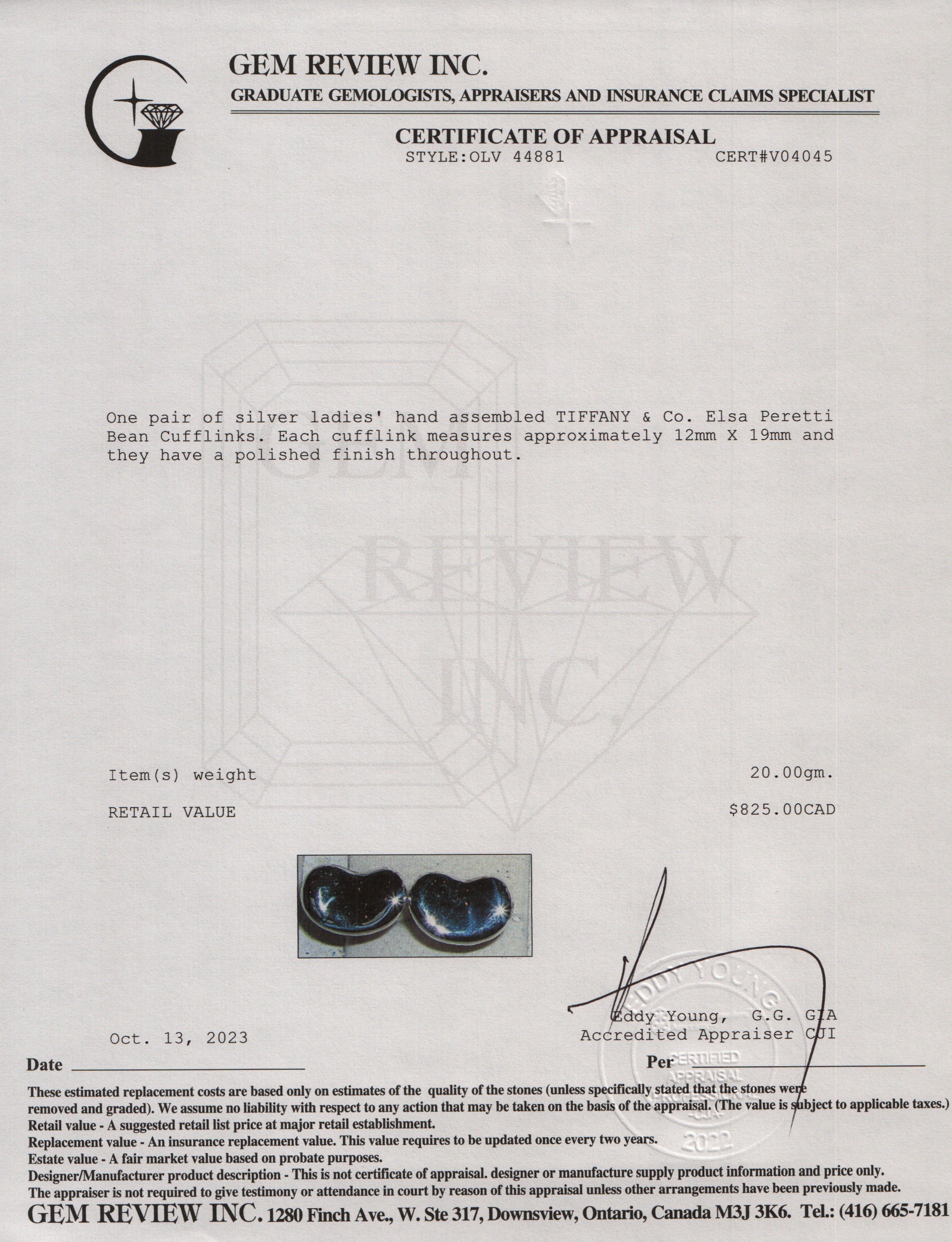 Tiffany & Co. Elsa Peretti Sterling Silver Bean Cufflinks