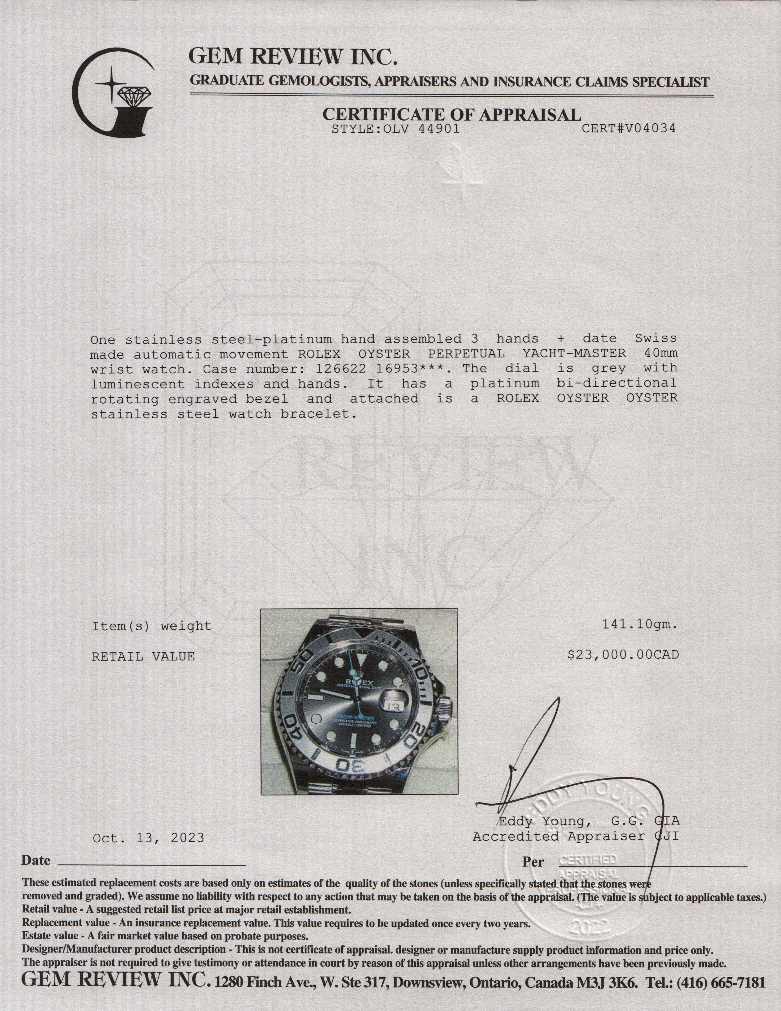 Rolex 2022 Stainless Steel Yacht-Master Date 40 MM Automatic Watch w ...