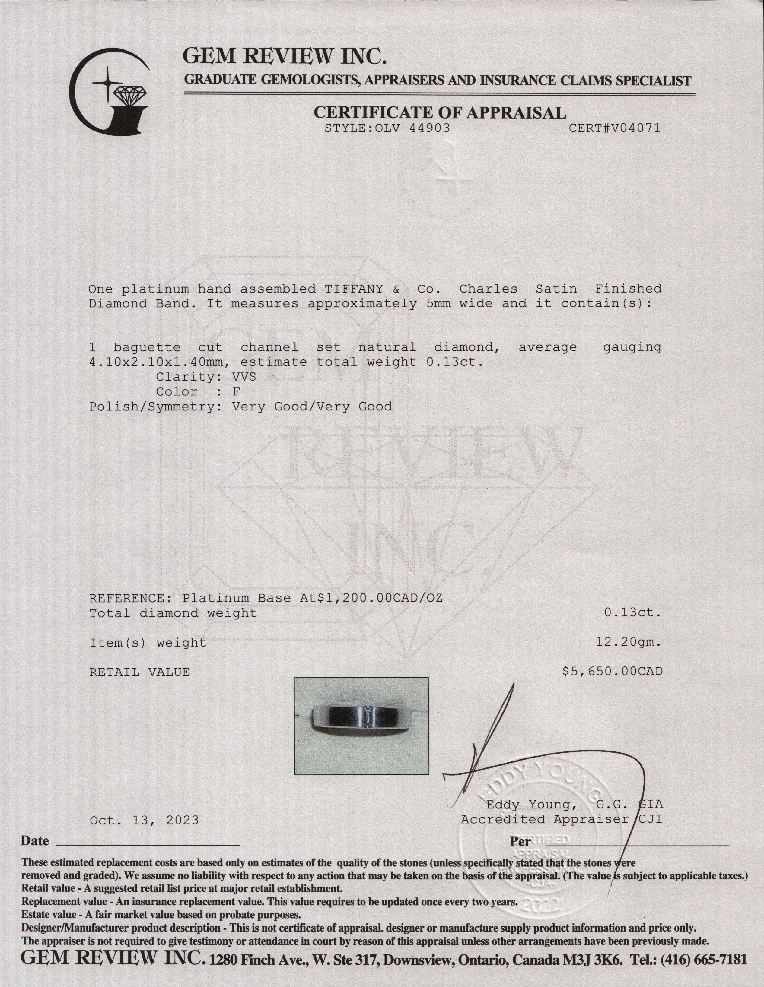 Tiffany & Co. Platinum Diamond Charles Satin Finish Setting 5 MM Band Ring, Size 7 w/ Box