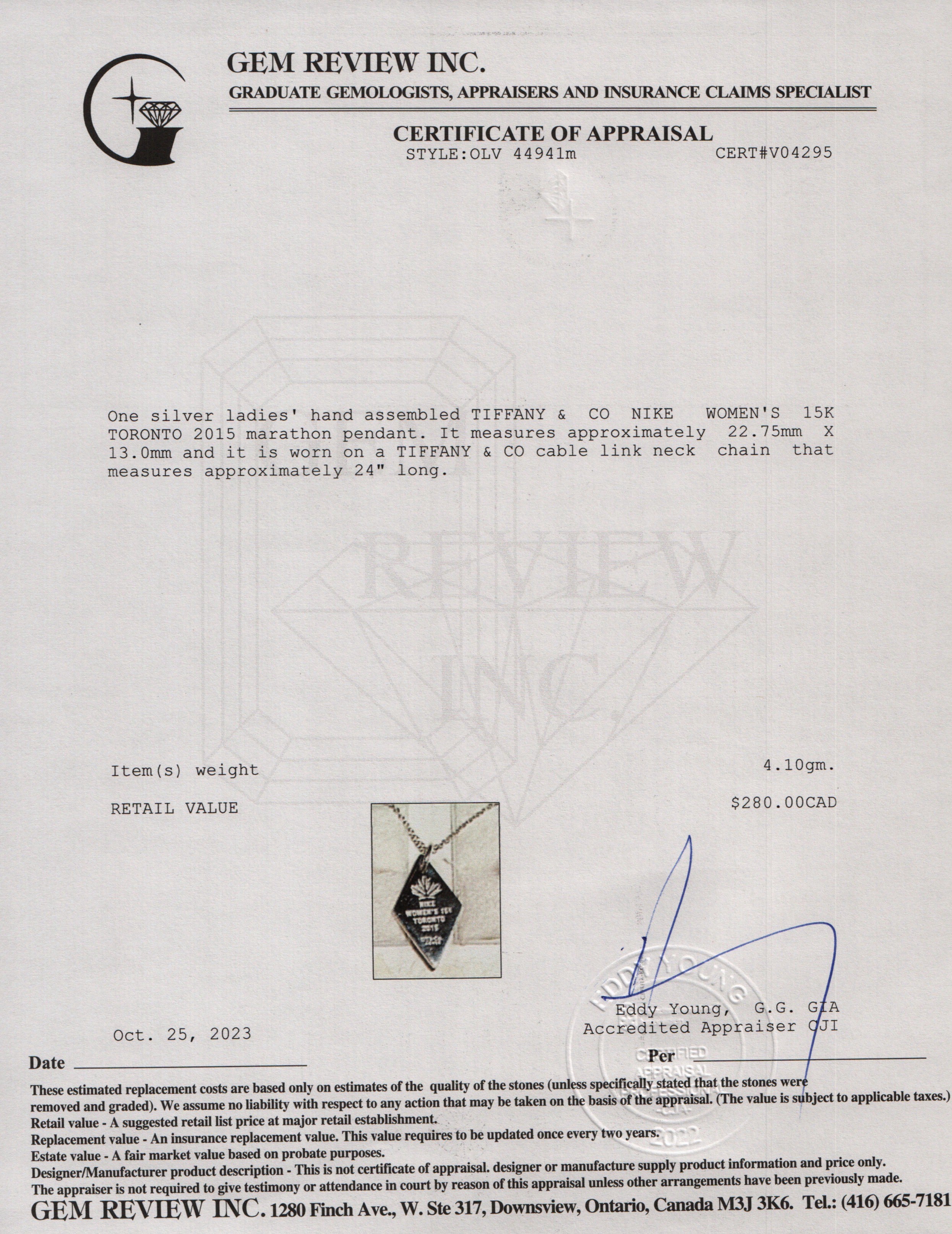 Tiffany & Co. Sterling Silver 2015 Nike Women's Marathon Pendant Necklace