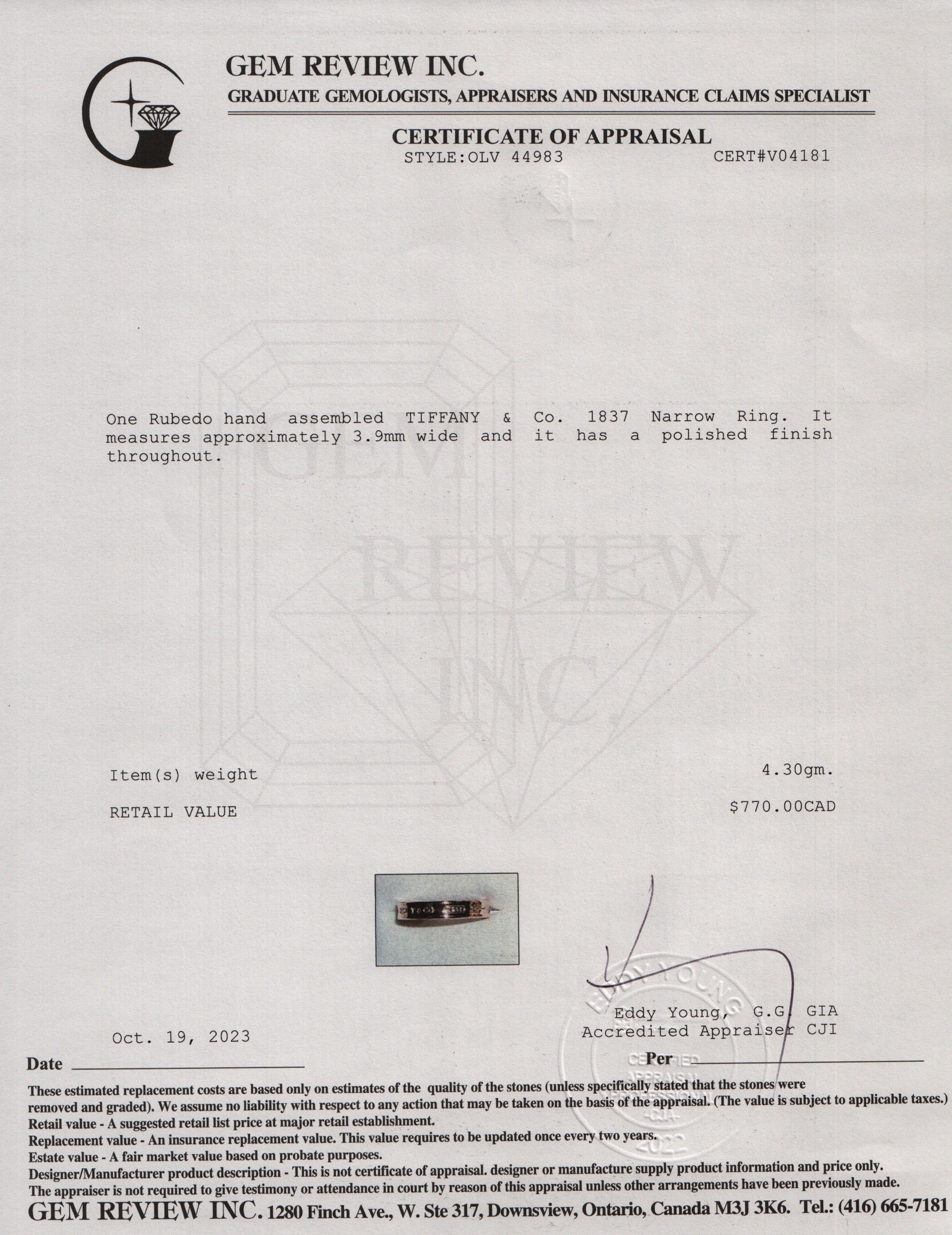 Tiffany & Co. Rubedo Metal 1837 Narrow Ring, Size 5.5