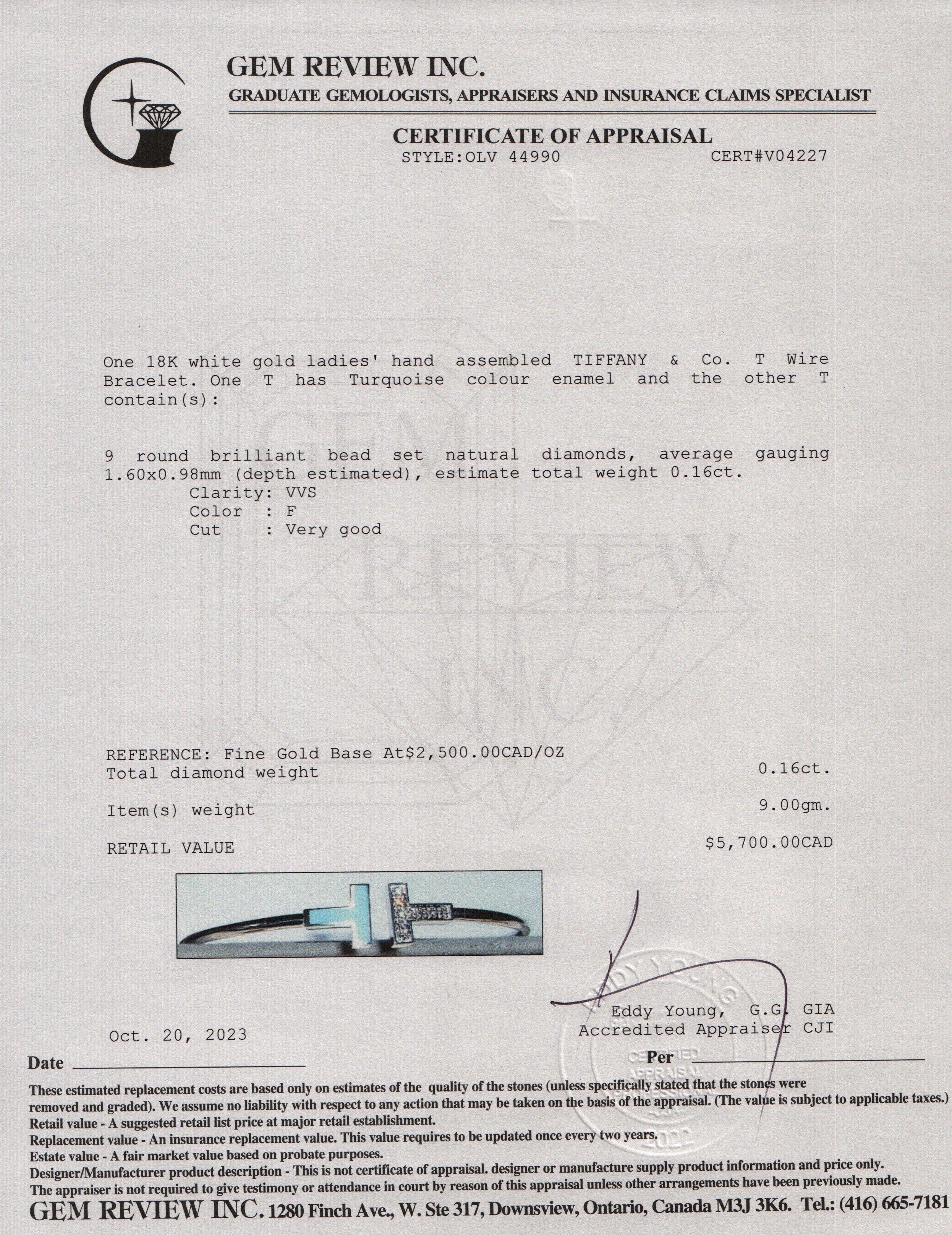 Tiffany & Co. 18k White Gold & Diamond Turquoise Enamel T Wire Bracelet