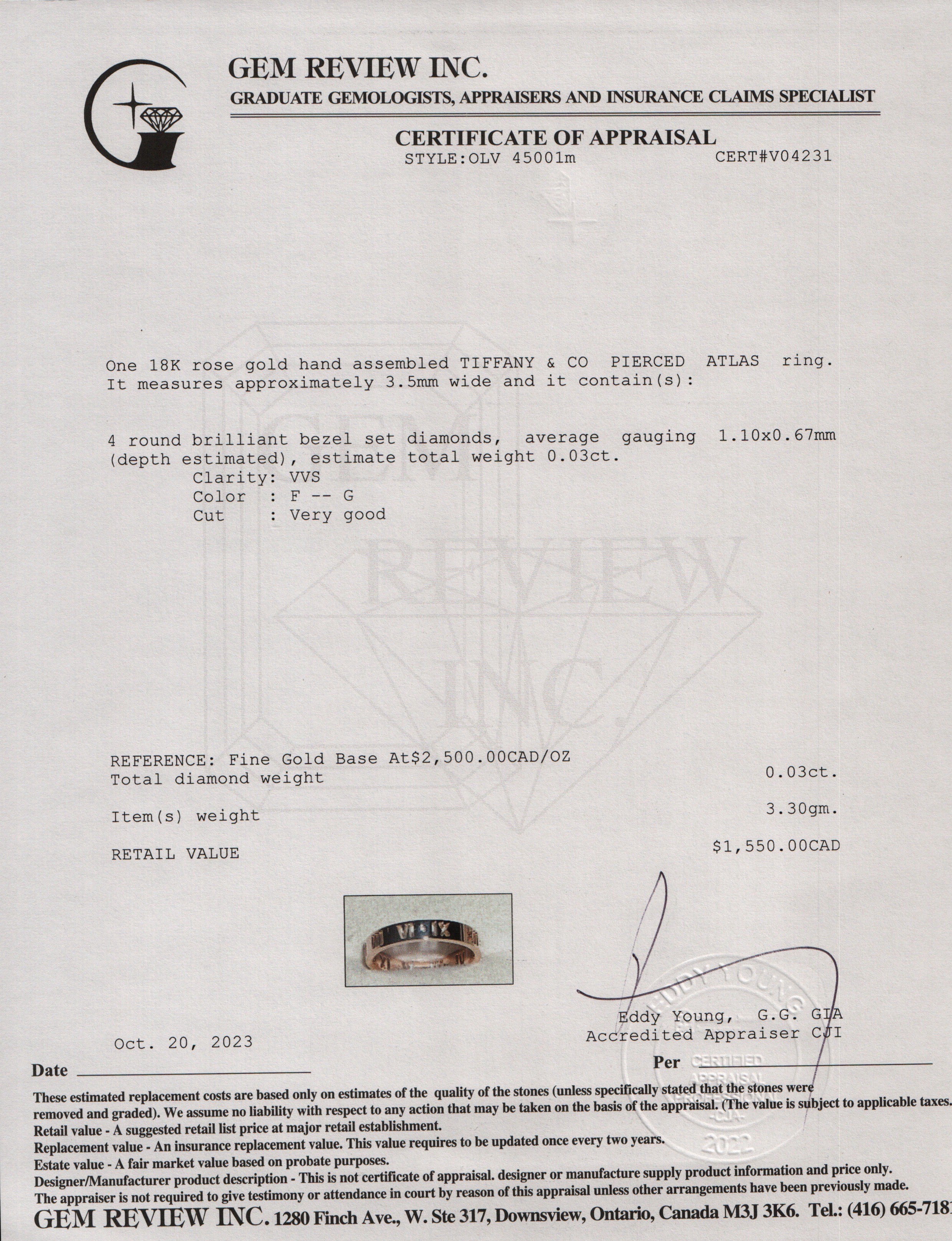 Tiffany & Co. 18k Rose Gold & Diamond Atlas Pierced 3.5MM Band Ring, Size 7.25