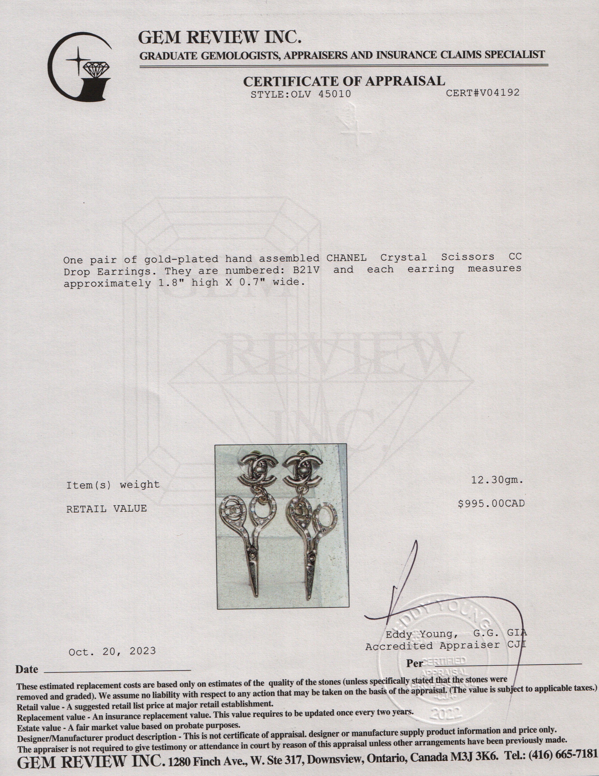 Chanel 2021 Gold Plated Crystal Scissor CC Drop Earrings