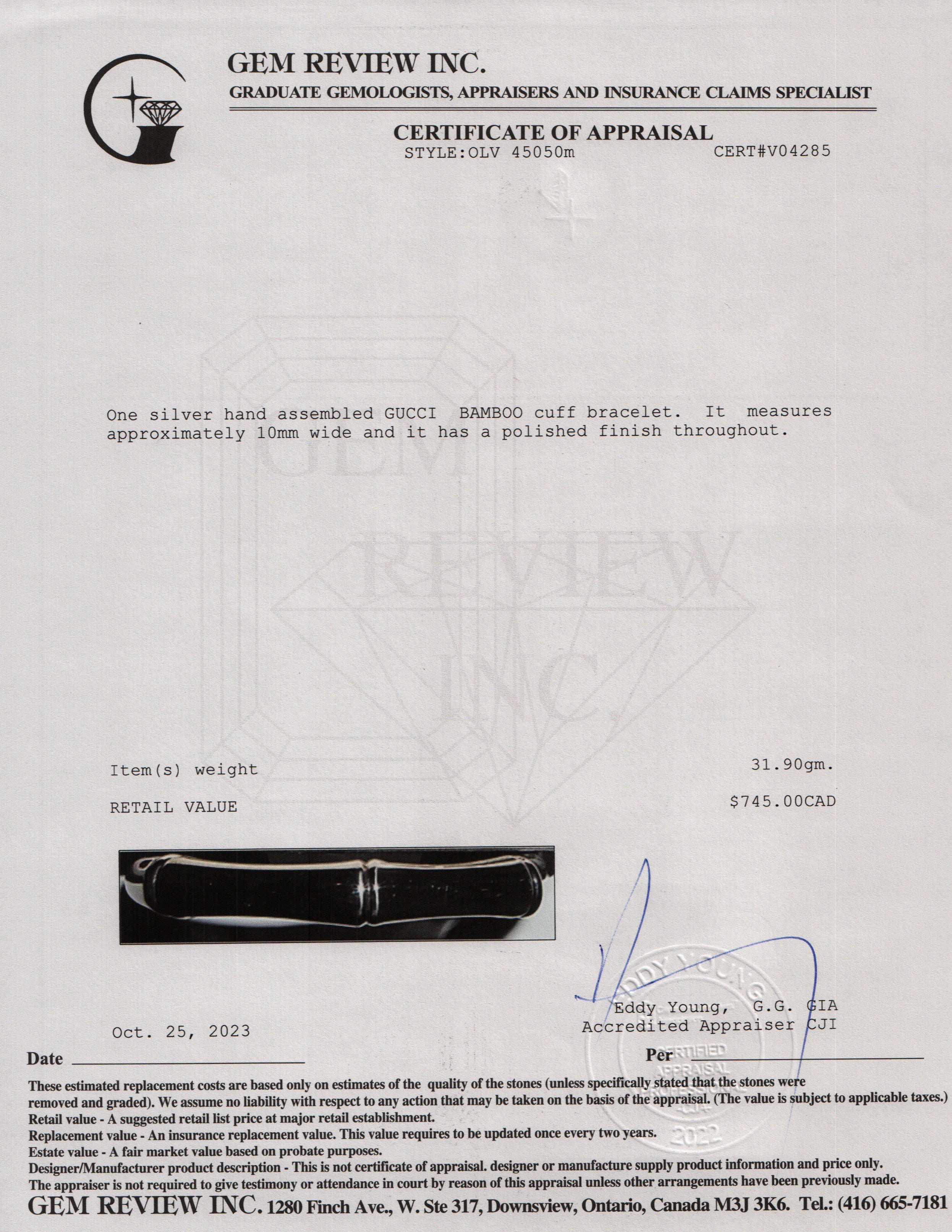 Gucci Sterling Silver Bamboo Cuff Bracelet