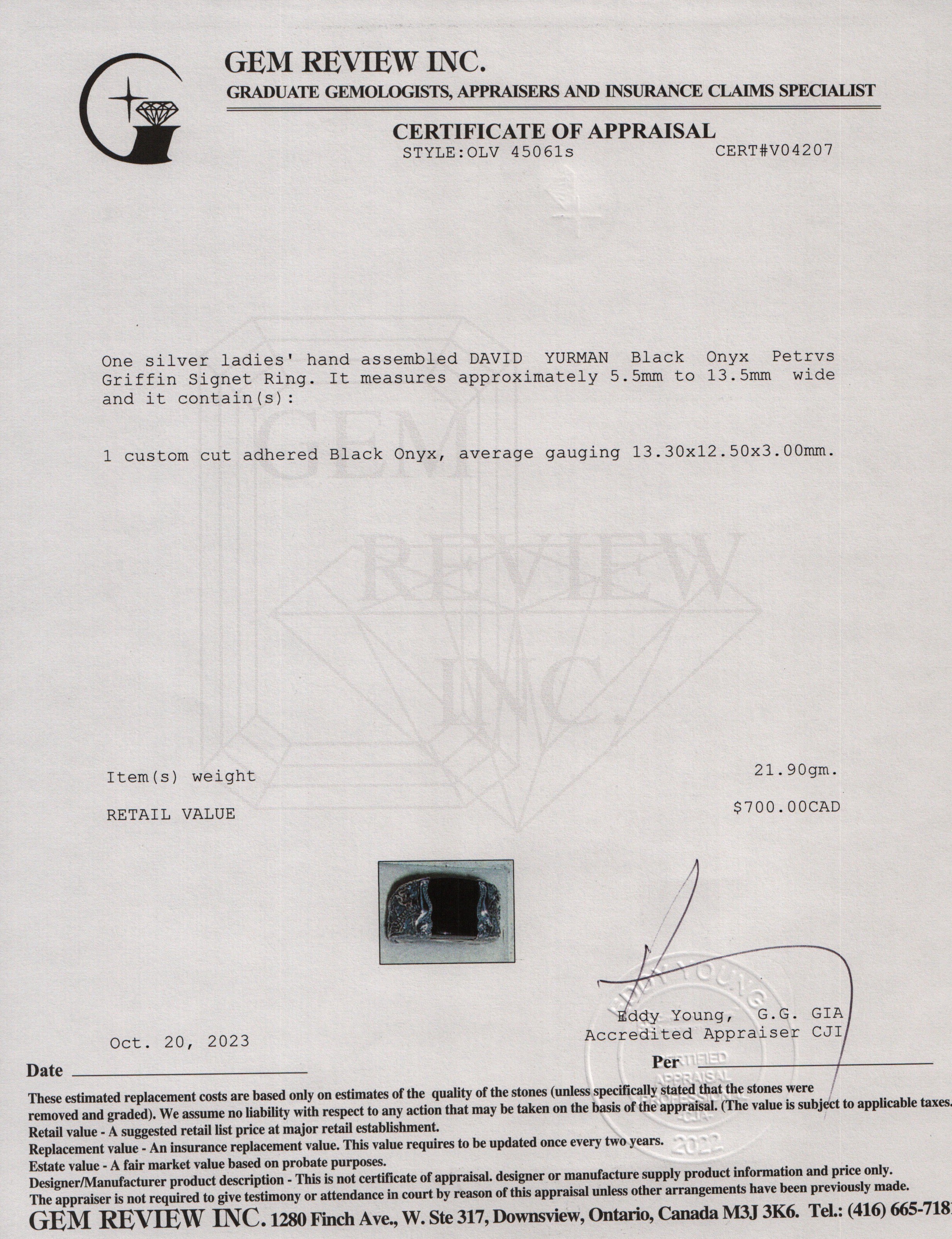 David Yurman Sterling Silver Black Onyx Petrvs Griffin Signet Ring, Size 9.75