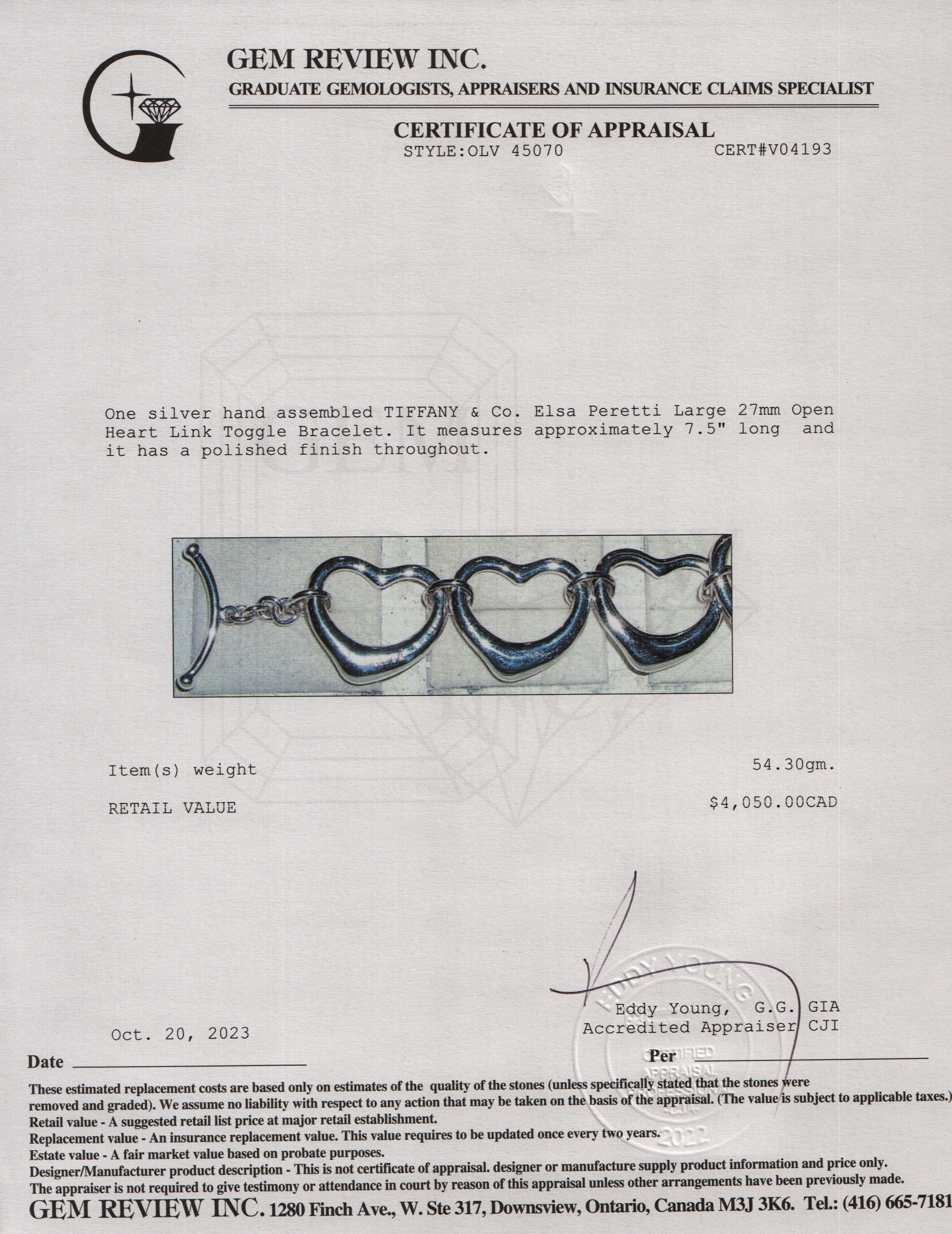 Tiffany & Co. Elsa Peretti Sterling Silver Large 27 MM Open Heart Link Toggle Bracelet