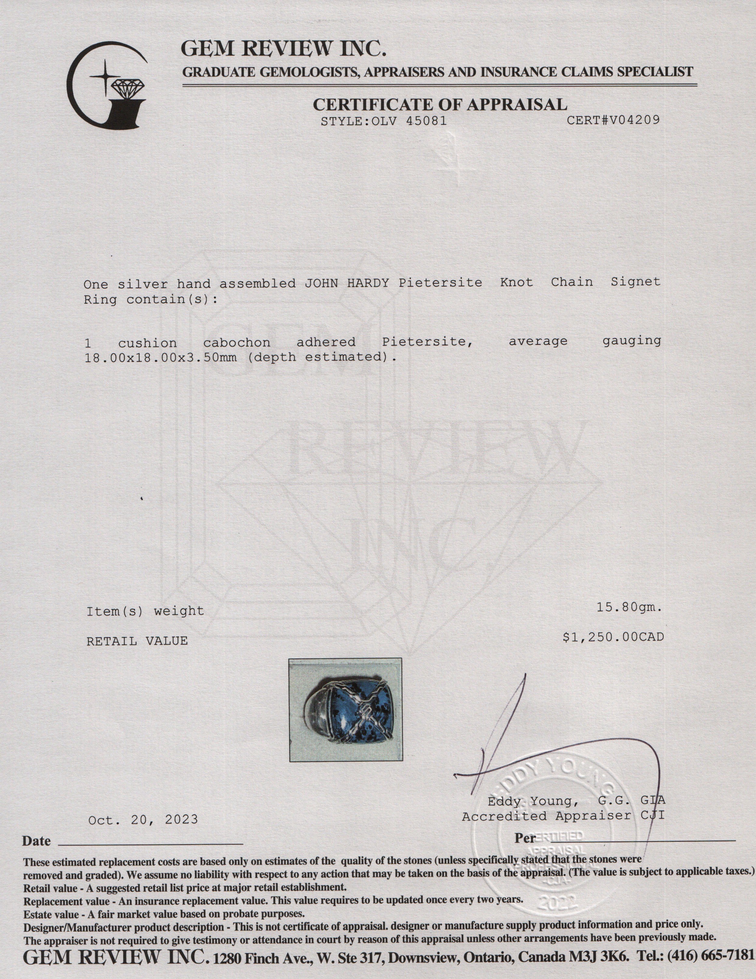 John Hardy Sterling Silver Pietersite Knot Chain Signet Ring, Size 10