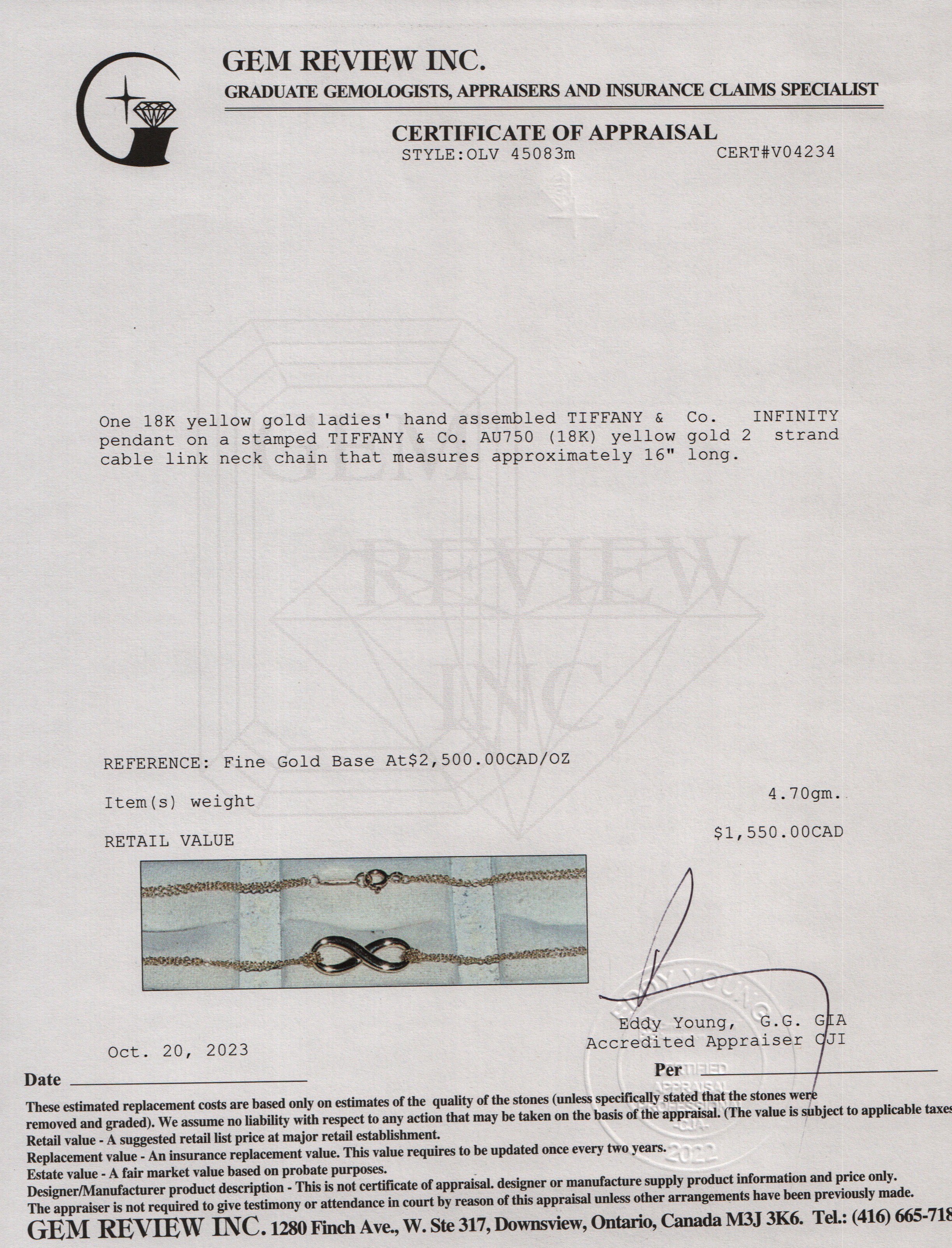 Tiffany & Co. 18k Yellow Gold Infinity Pendant Necklace