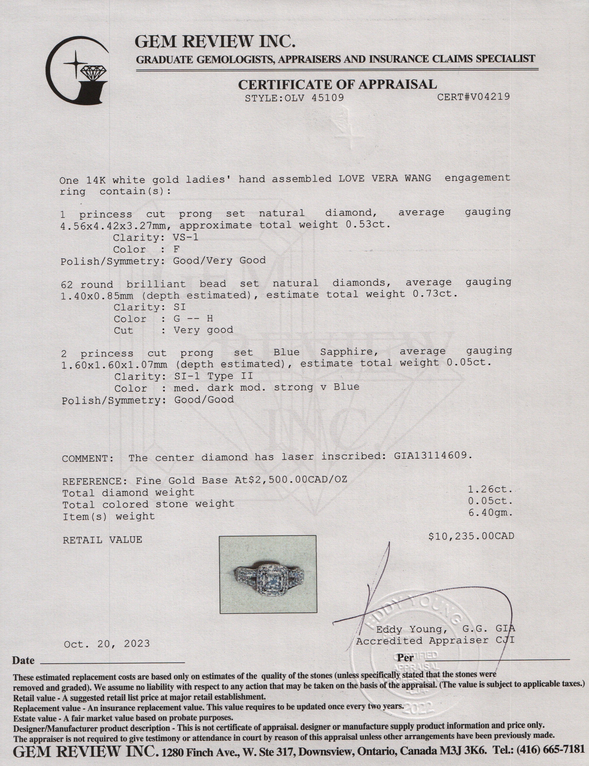 Vera Wang 14k White Gold Love Diamond Engagement Ring, Size 6 w/ GIA Certificate