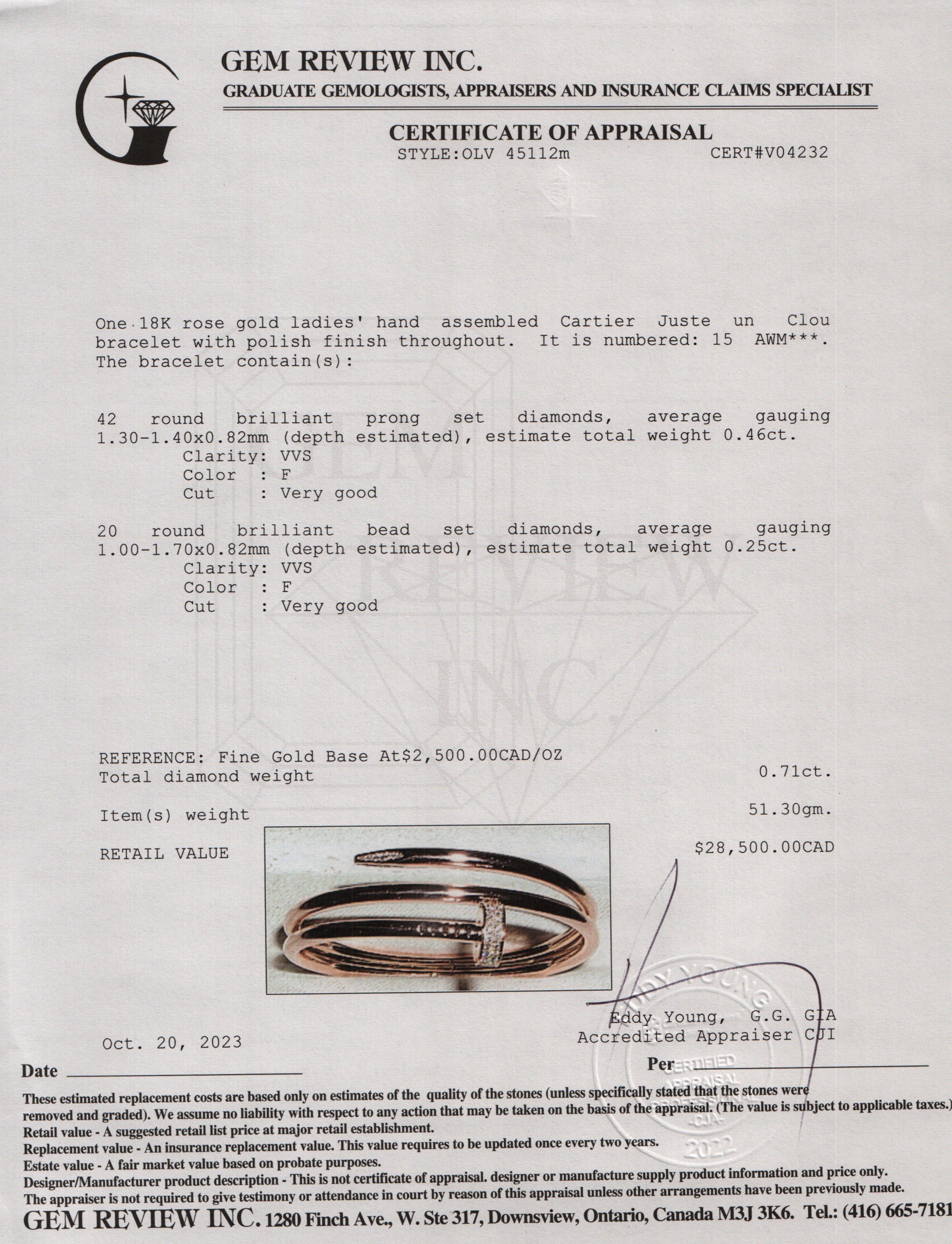 Cartier 18k Rose Gold Diamond Juste Un Clou Bracelet, Size 15 w/ Box & Certificate