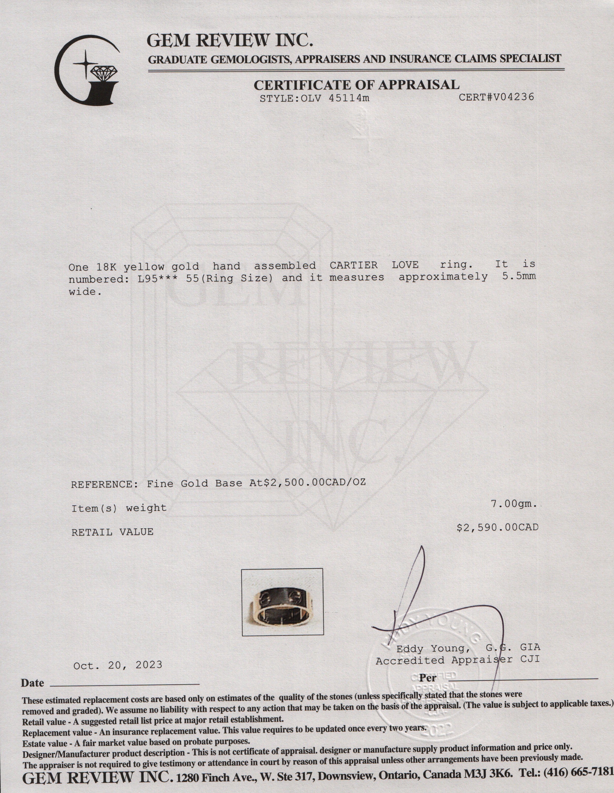 Cartier Vintage 18k Yellow Gold 5.5 MM Love Ring, Size 55 7