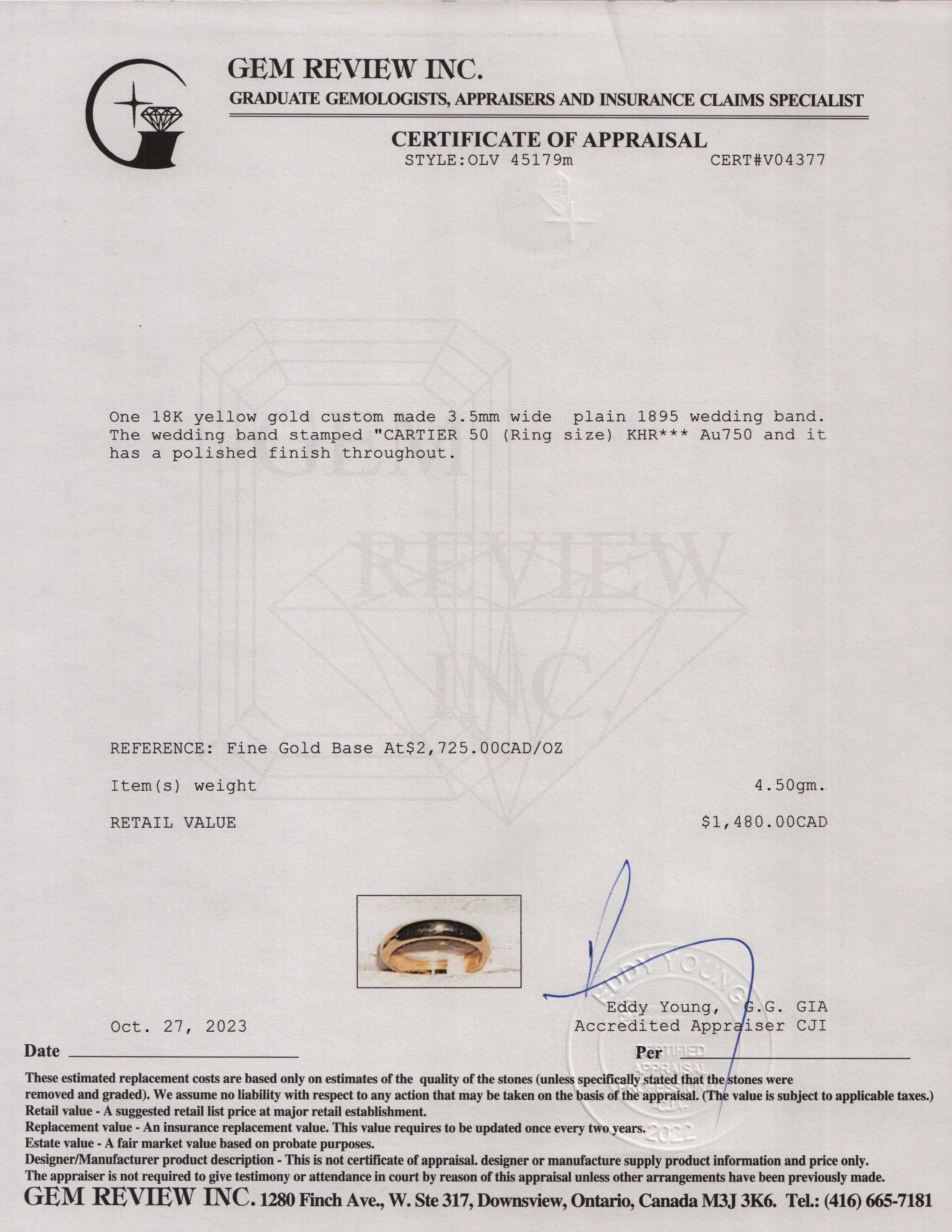 Cartier 18k Yellow Gold 3.5 MM 1895 Wedding Band Ring, Size 50 5.25