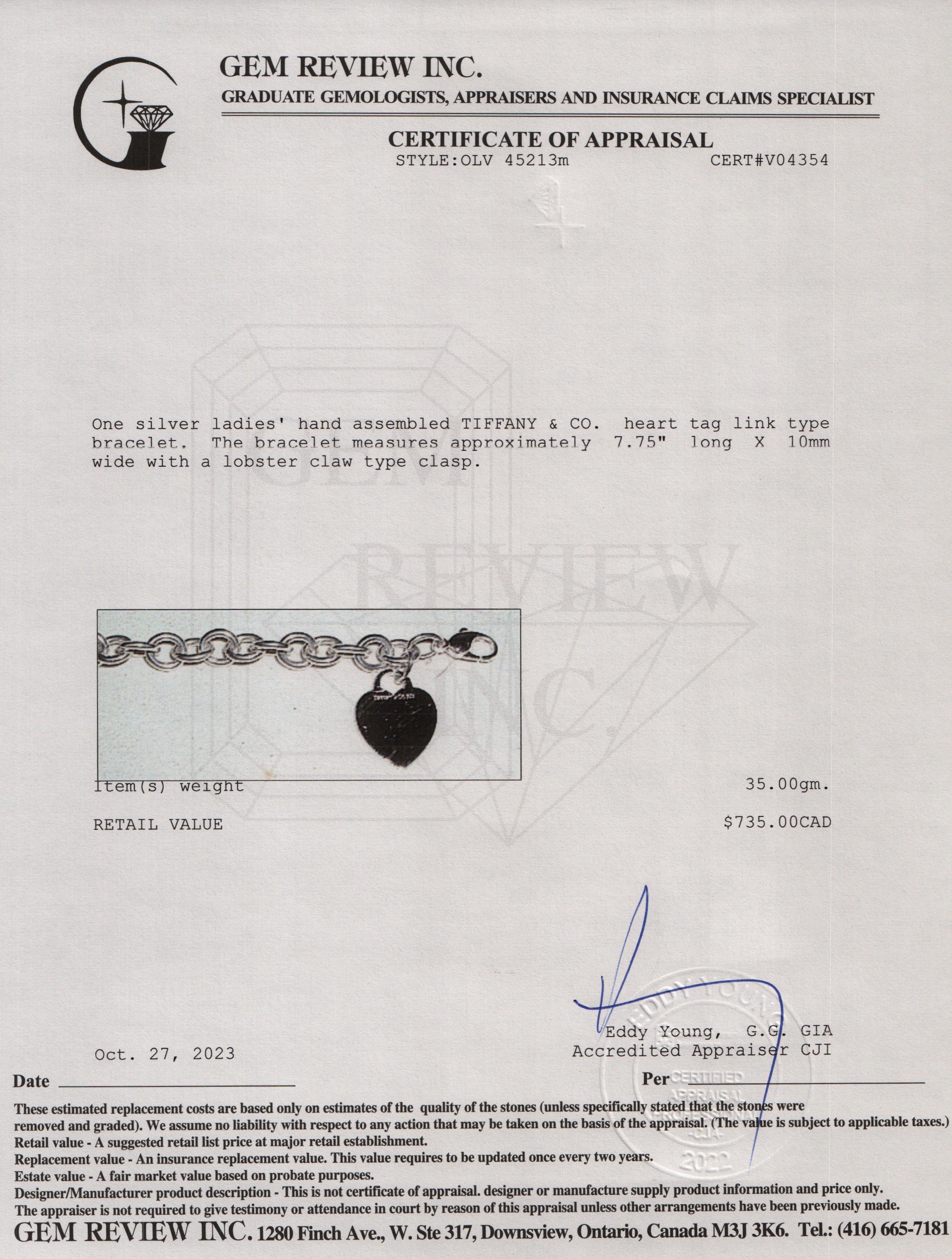 Tiffany & Co. Sterling Silver Heart Tag Charm Bracelet