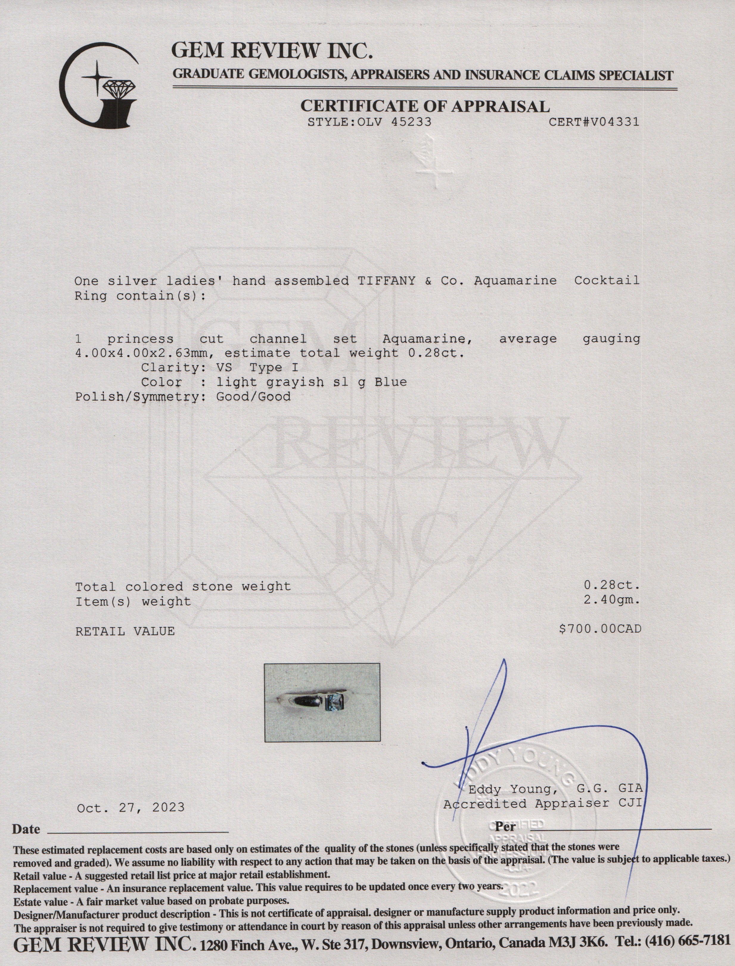 Tiffany & Co. Sterling Silver Aquamarine Cocktail Ring, Size 4.5