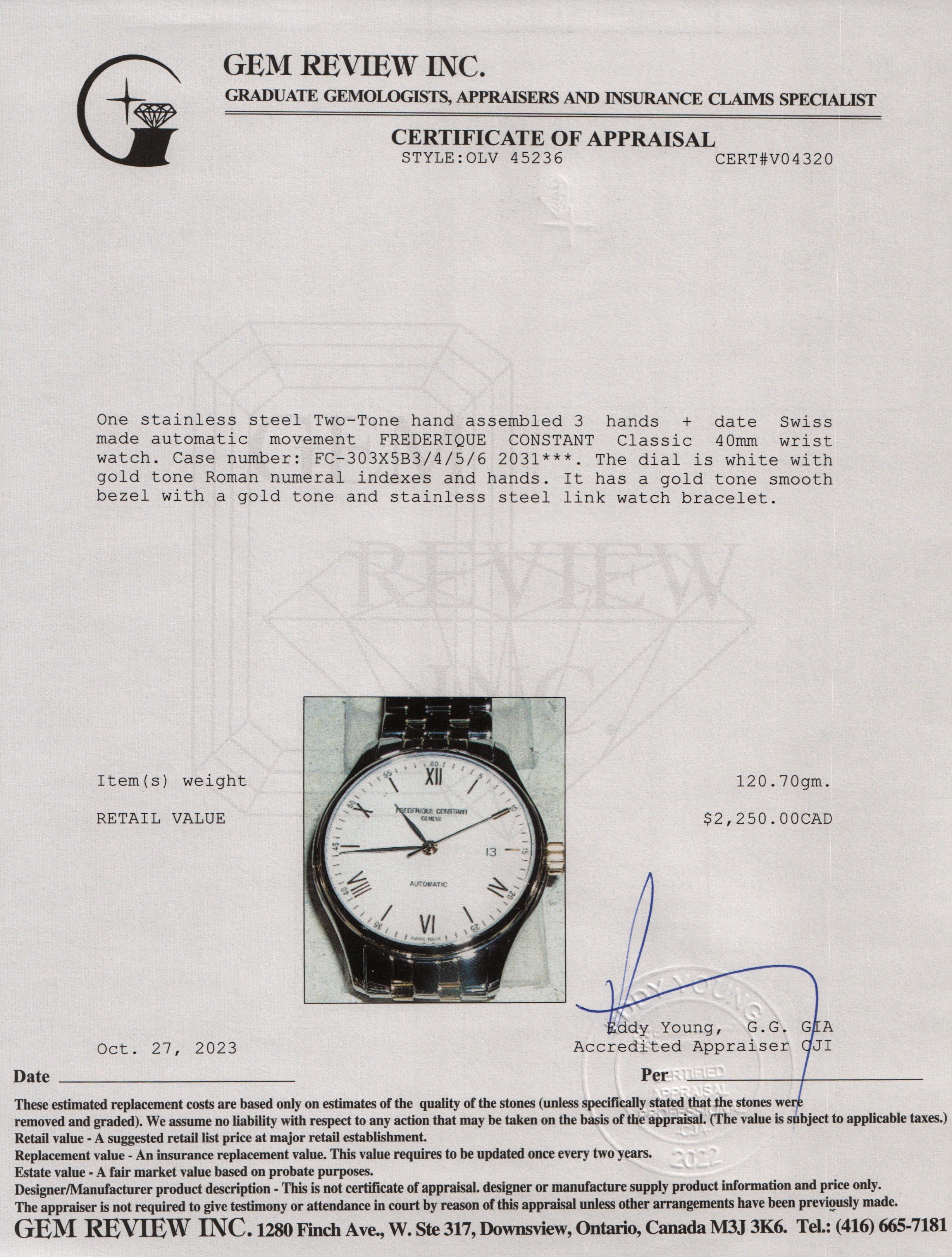 Frederique Constant Stainless Steel & Gold Plated 40MM Automatic Classic Watch w/ Box