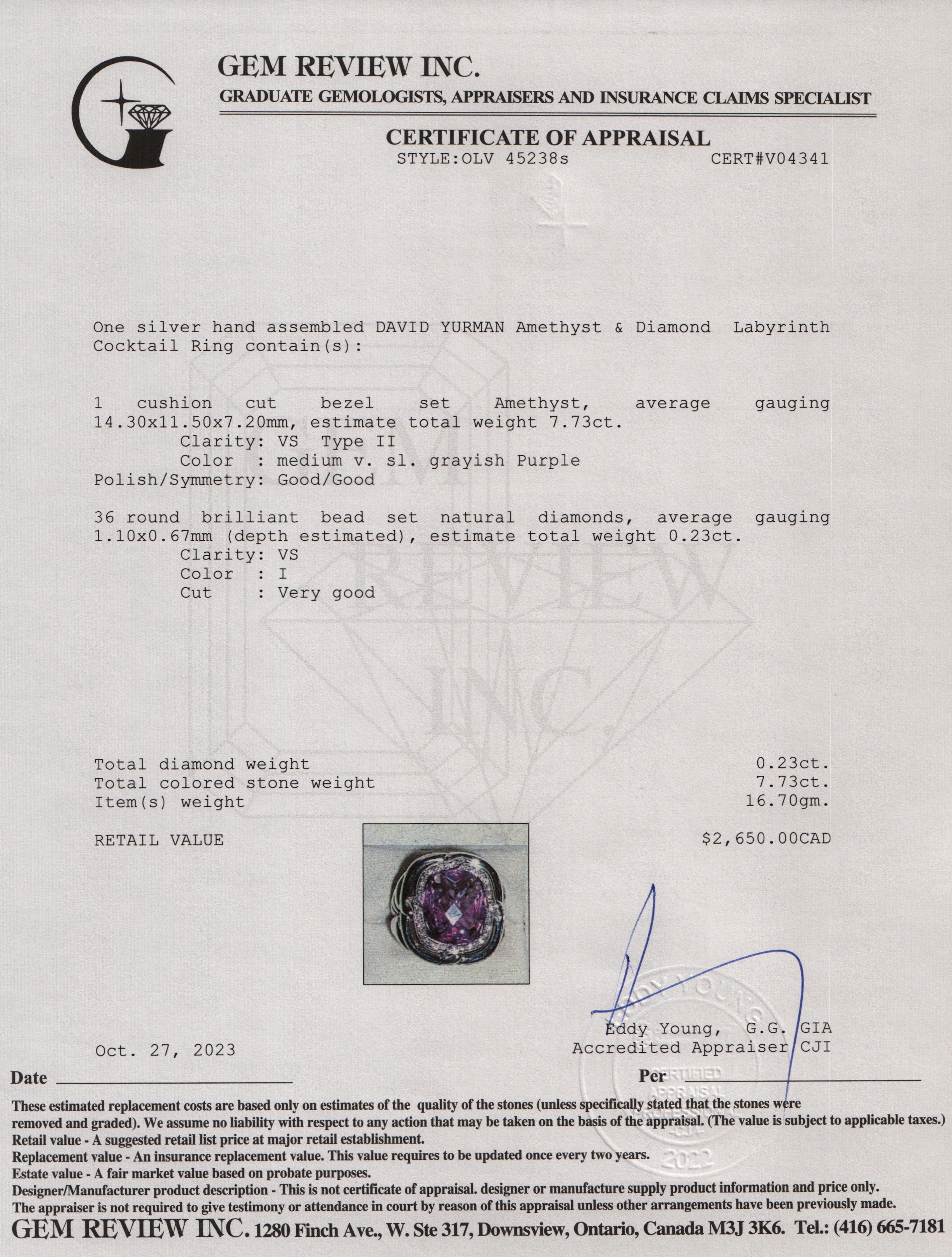 David Yurman Sterling Silver Amethyst & Diamond Labyrinth Cocktail Ring, Size 5.5