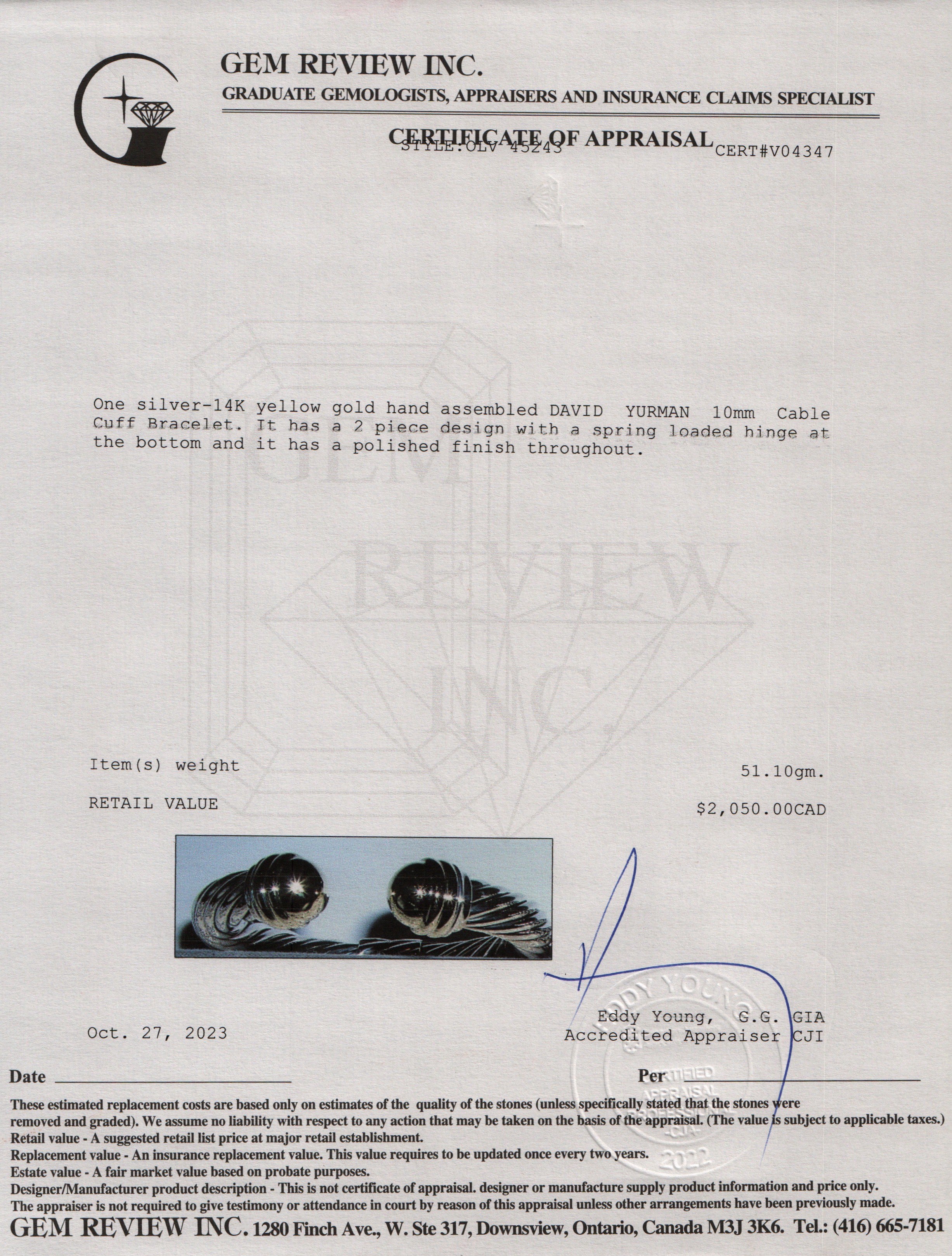 David Yurman Sterling Silver & 14k Yellow Gold Pearl 10MM Cable Cuff Bracelet