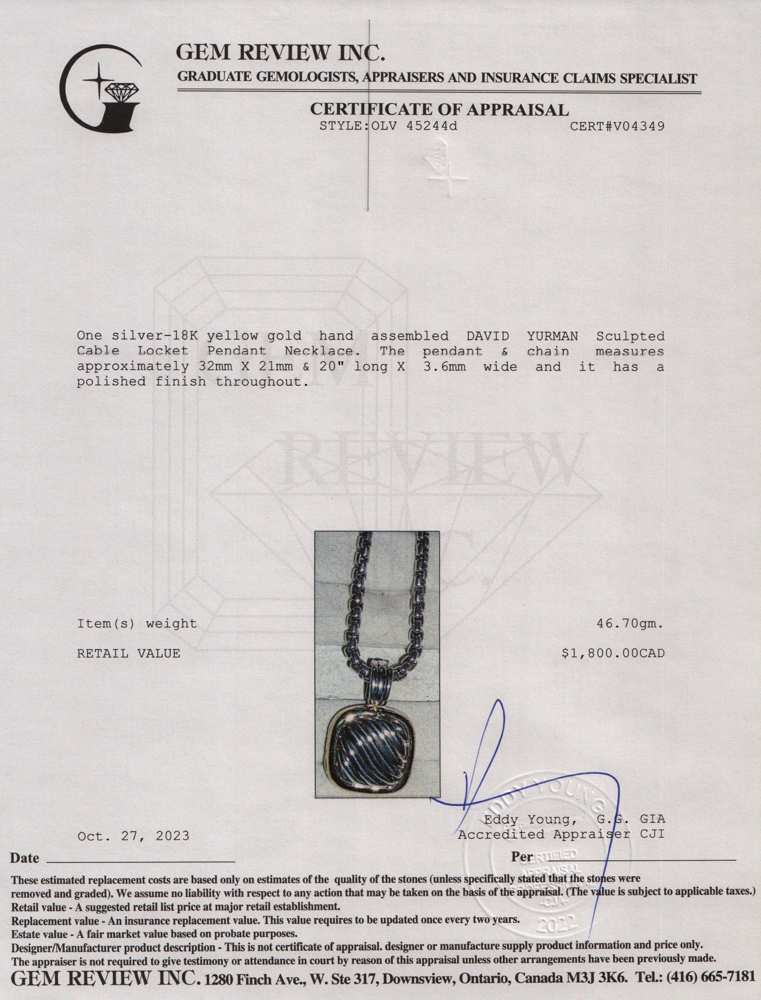 David Yurman Sterling Silver & 18k Yellow Gold Sculpted Cable Locket Pendant Necklace