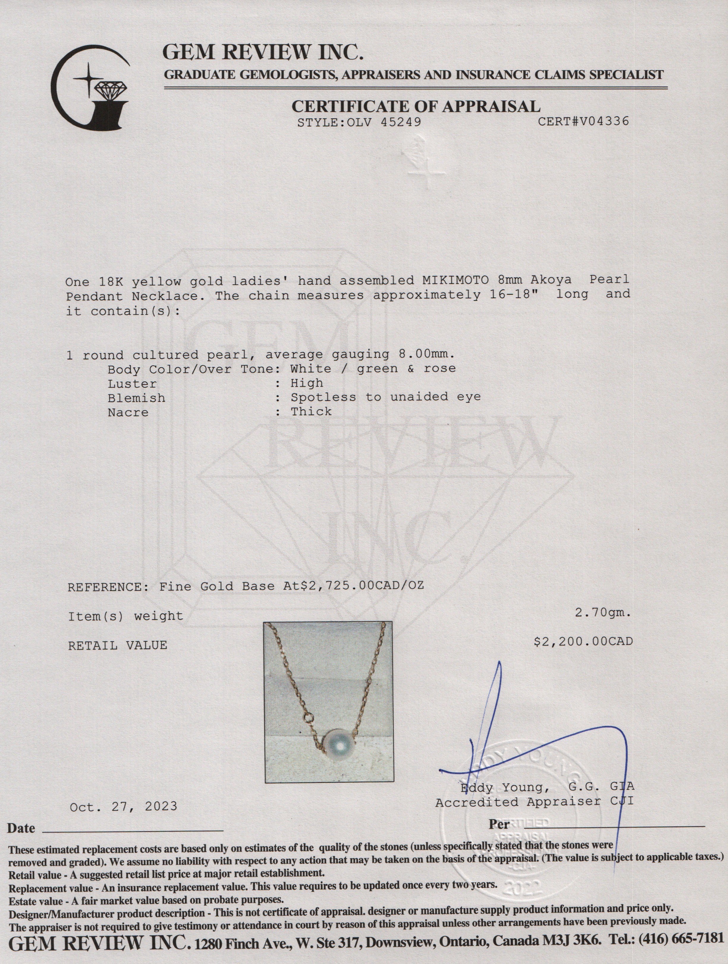 Mikimoto 18k Yellow Gold 8MM Akoya Pearl Pendant Necklace w/ Box & Certificate